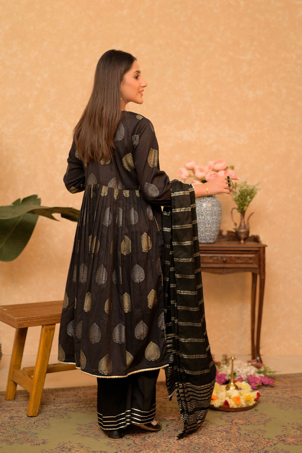 SN-02861 | Black & Gold | Casual Plus 3 Piece Suit | Cotton Jacquard