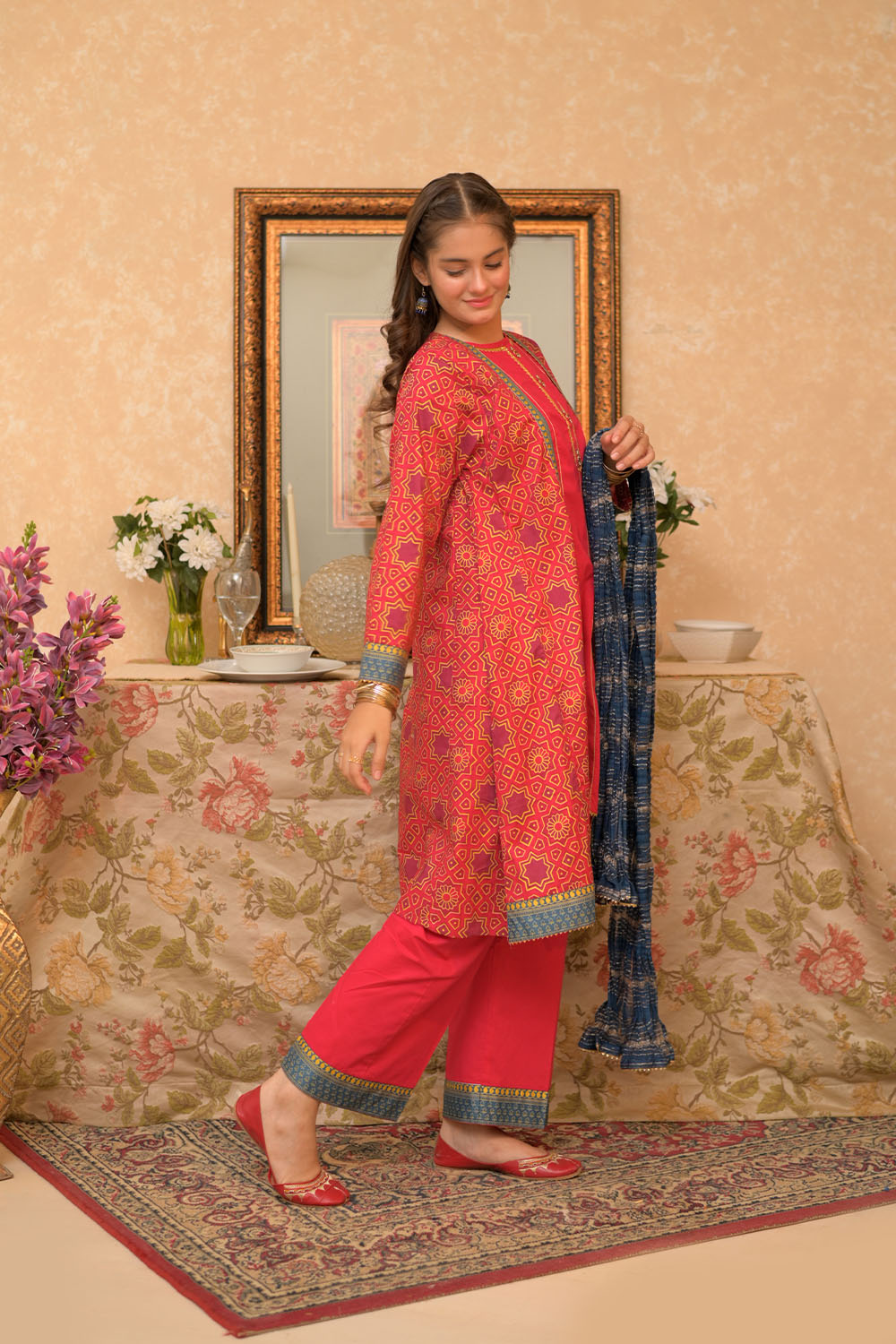 SN-02952 | Red & Multicolor | Casual Plus 3 Piece Suit | Cotton Lawn Gold Printed