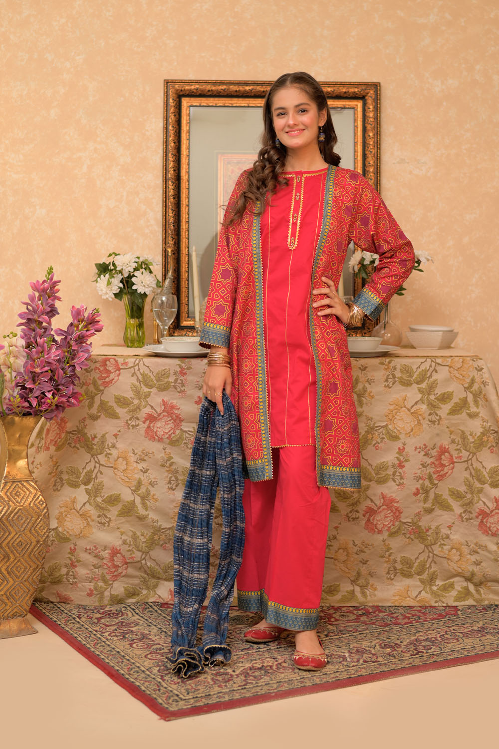SN-02952 | Red & Multicolor | Casual Plus 3 Piece Suit | Cotton Lawn Gold Printed