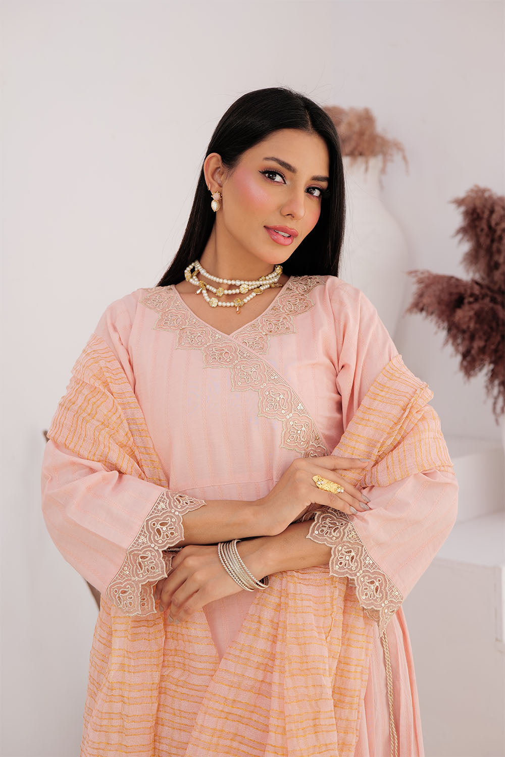 SN-02972 | Peach & Gold | Casual Plus 3 Piece Suit | Cotton Dobby