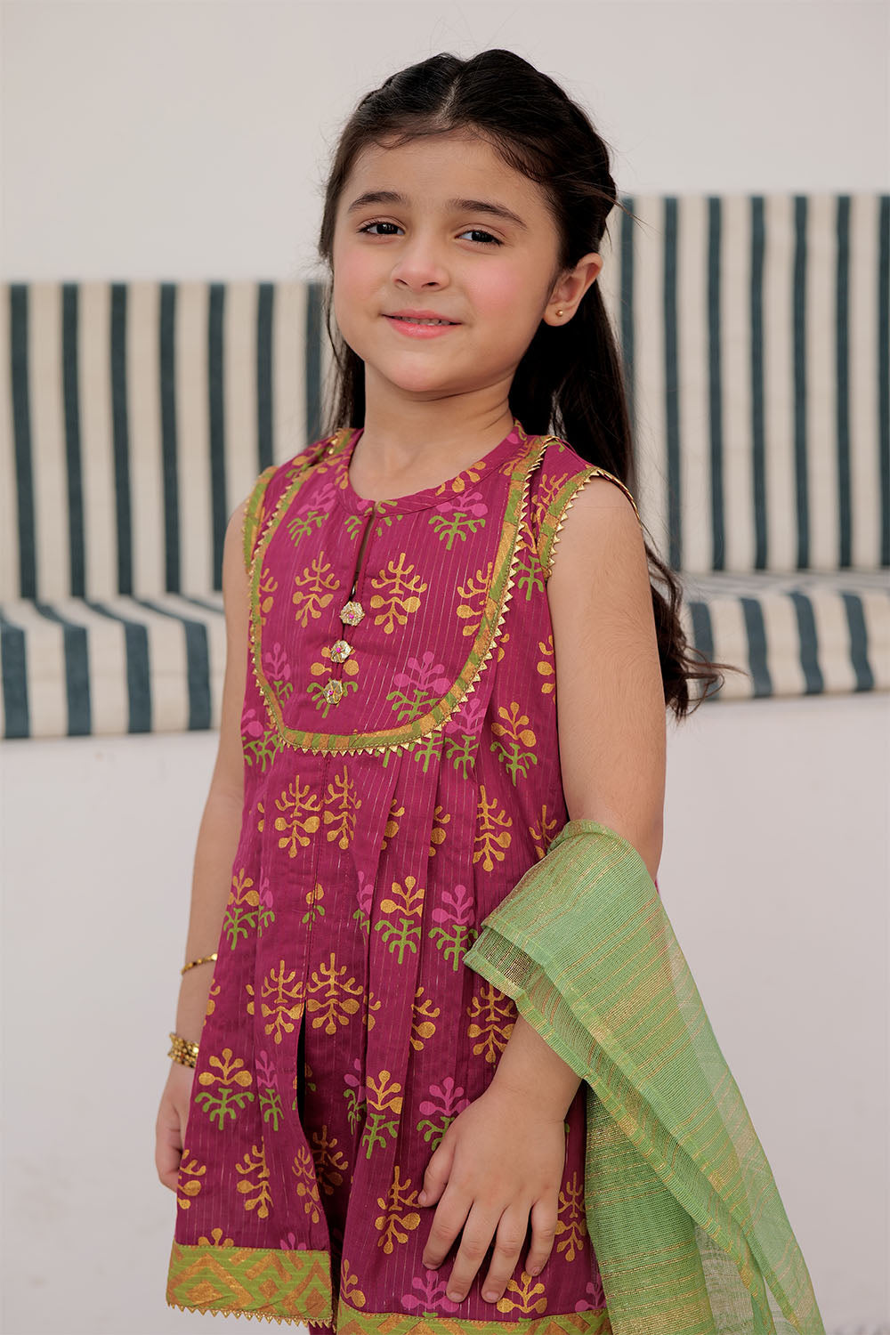 SN-03001 | Magenta & Multicolor | Casual Plus 3 Piece Suit | Cotton Dobby  Dye over Gold Print