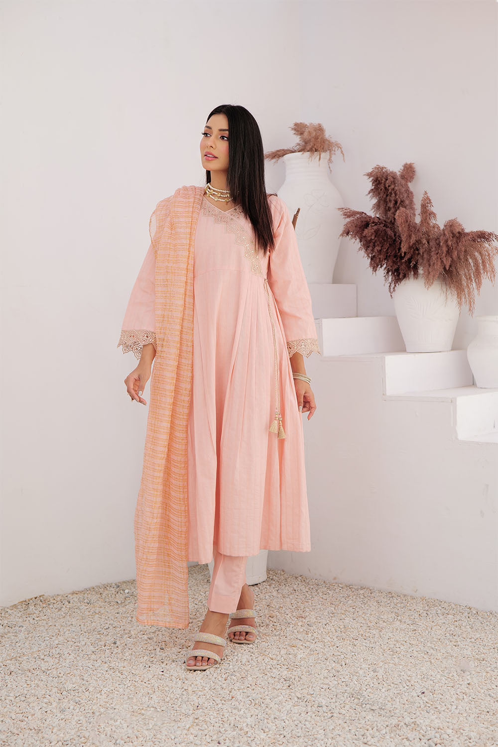 SN-02972 | Peach & Gold | Casual Plus 3 Piece Suit | Cotton Dobby