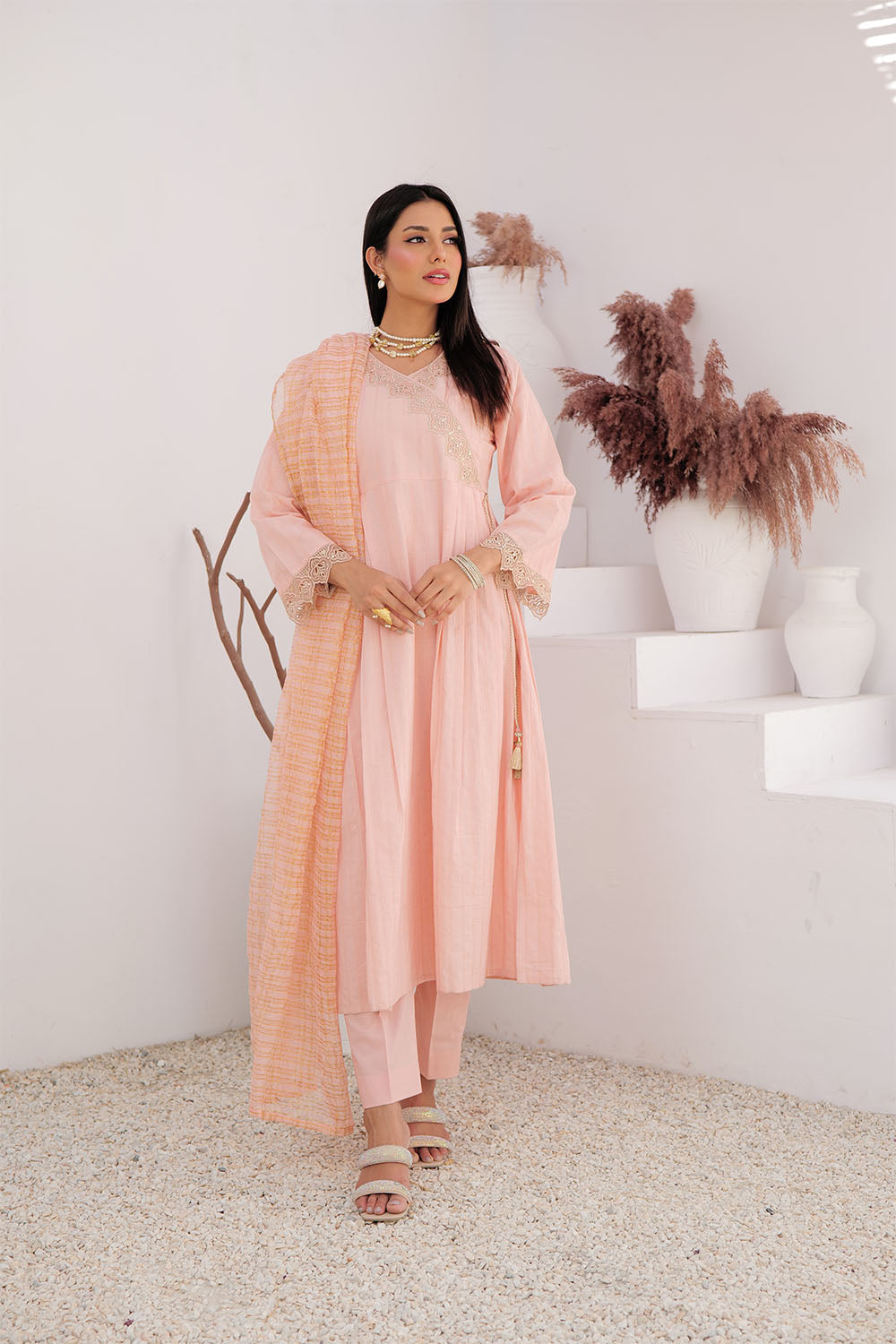 SN-02972 | Peach & Gold | Casual Plus 3 Piece Suit | Cotton Dobby