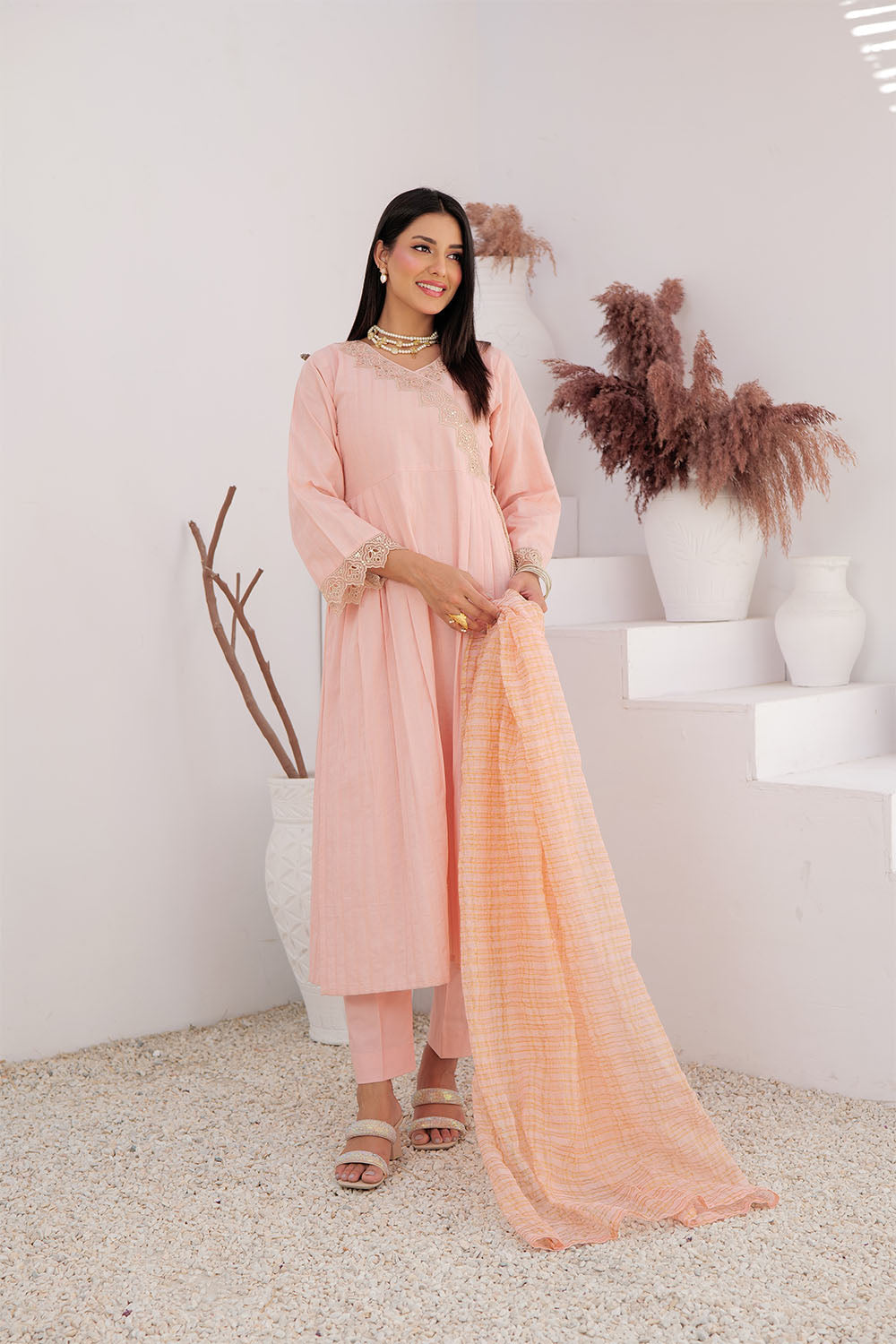 SN-02972 | Peach & Gold | Casual Plus 3 Piece Suit | Cotton Dobby