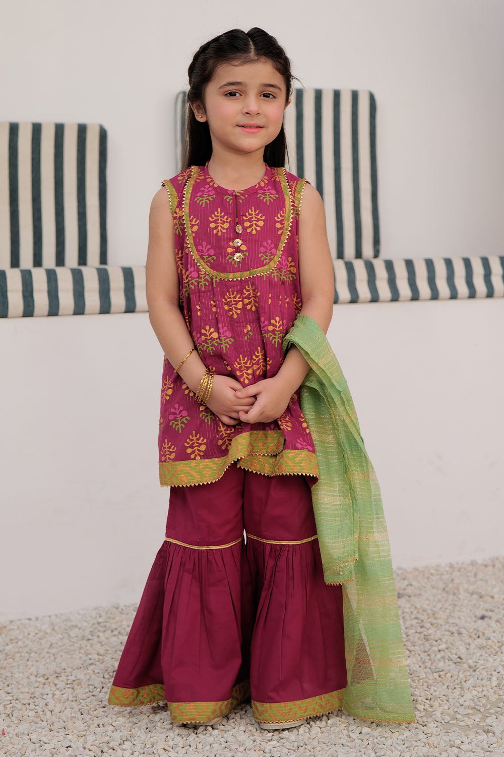 SN-03001 | Magenta & Multicolor | Casual Plus 3 Piece Suit | Cotton Dobby  Dye over Gold Print