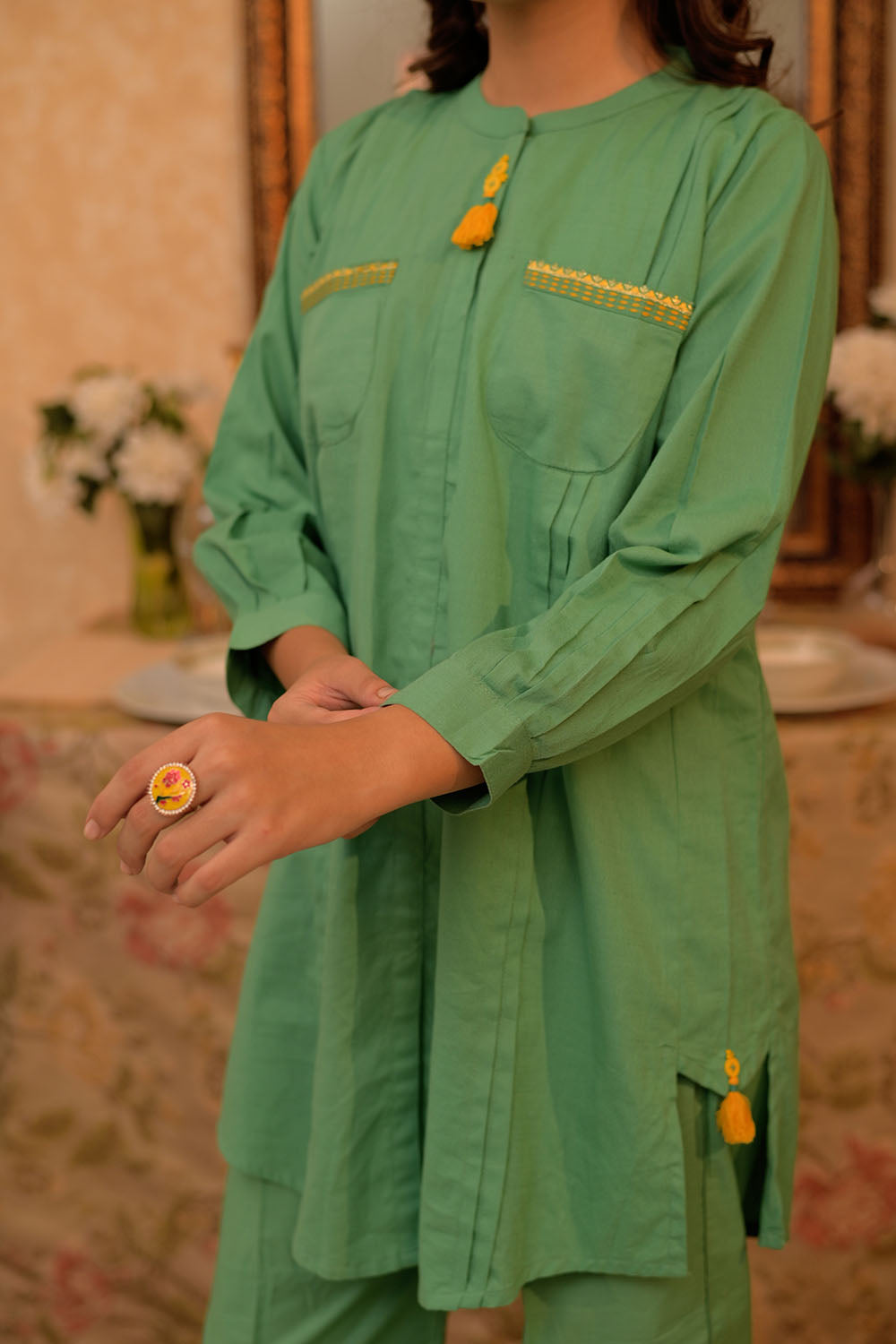 SN-02796 | Green | Casual 3 Piece Suit | Cotton Dobby Self