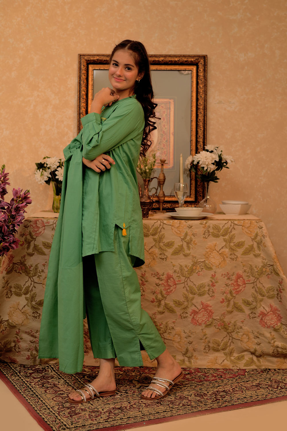 SN-02796 | Green | Casual 3 Piece Suit | Cotton Dobby Self