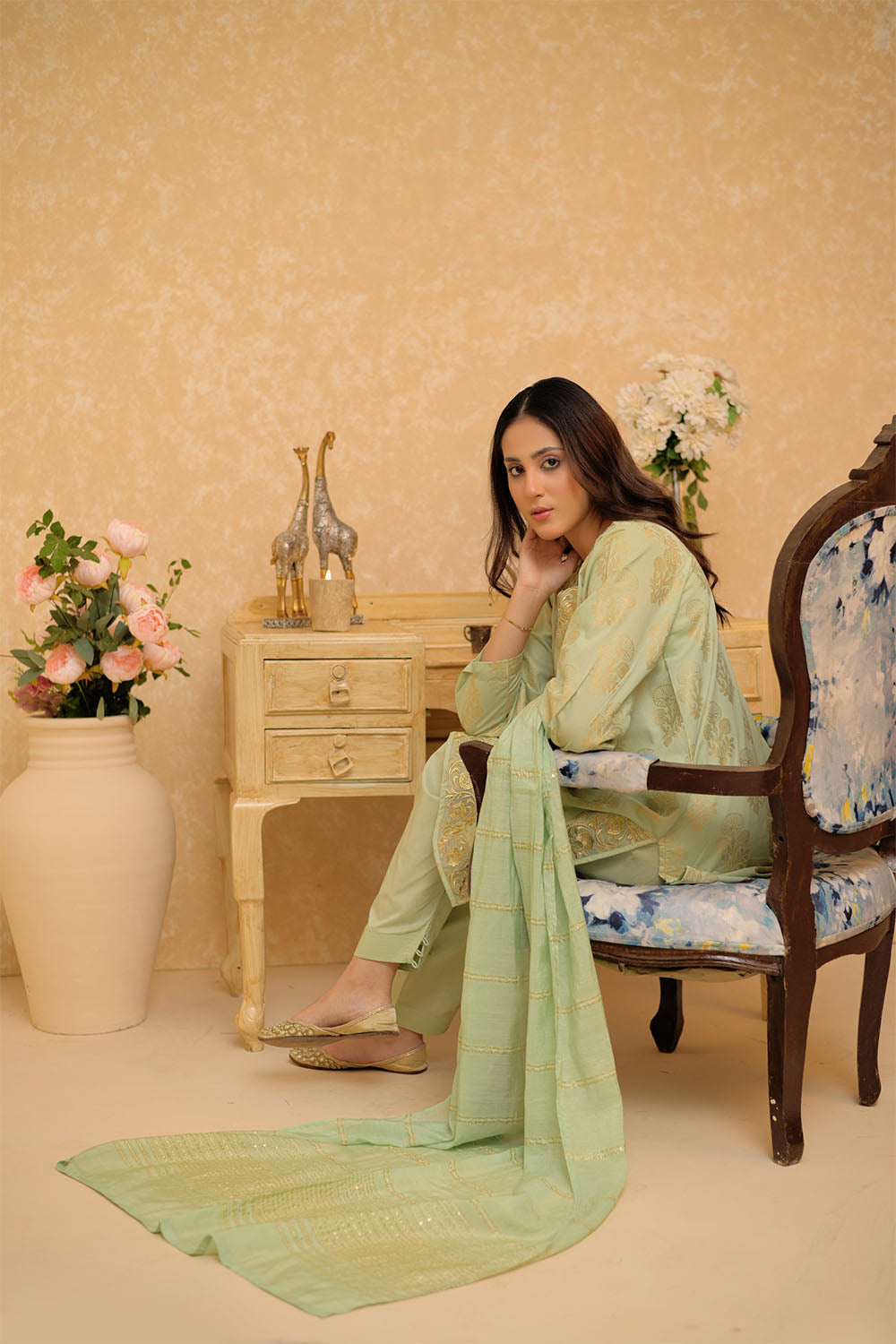SN-02963 | Green & Gold | Casual Plus 3 Piece Suit | Cotton Jacquard