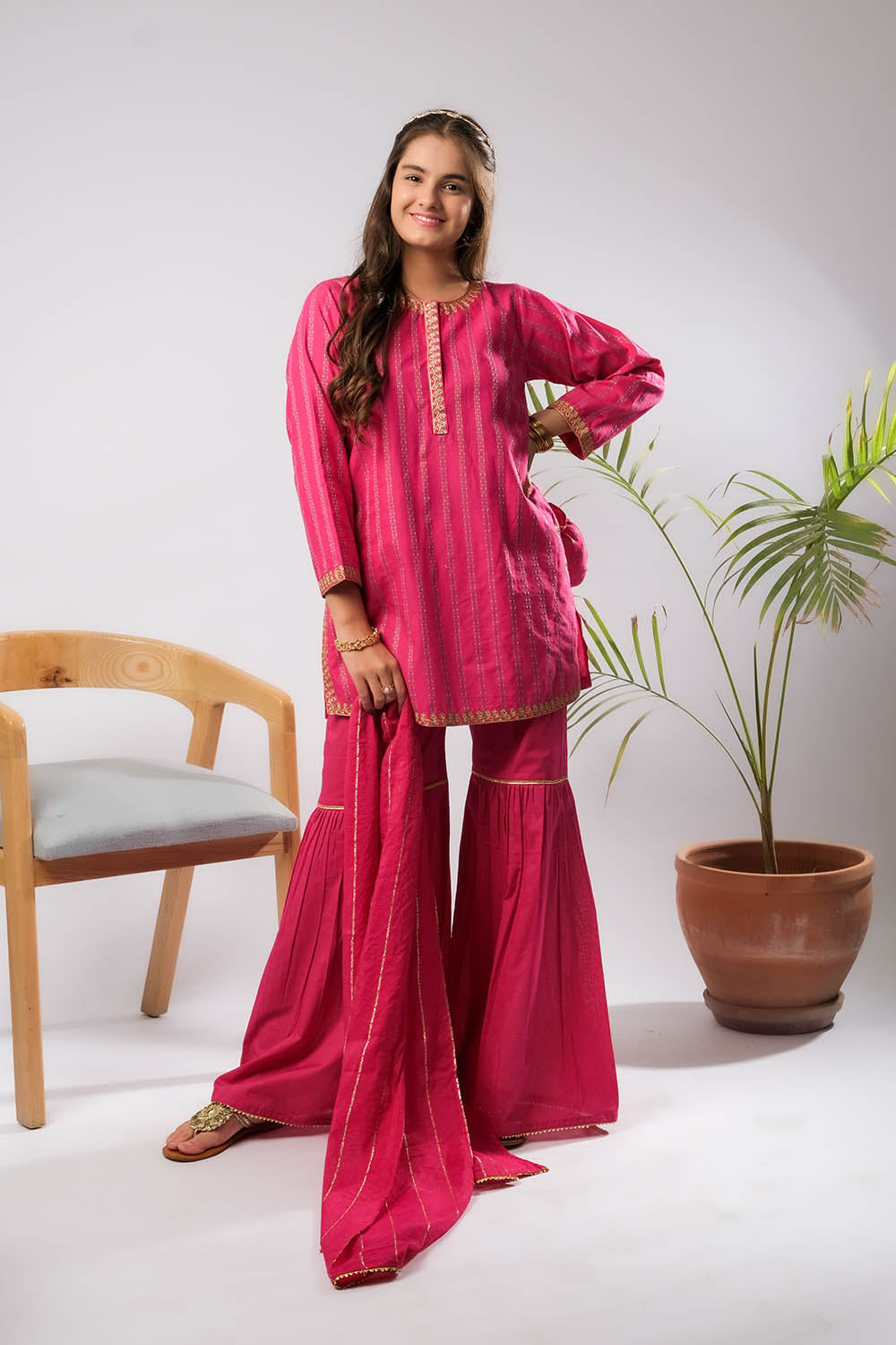 Senorita   | Shocking Pink & Multicolor | Casual Plus 3 Piece Suit | Cotton Dobby
