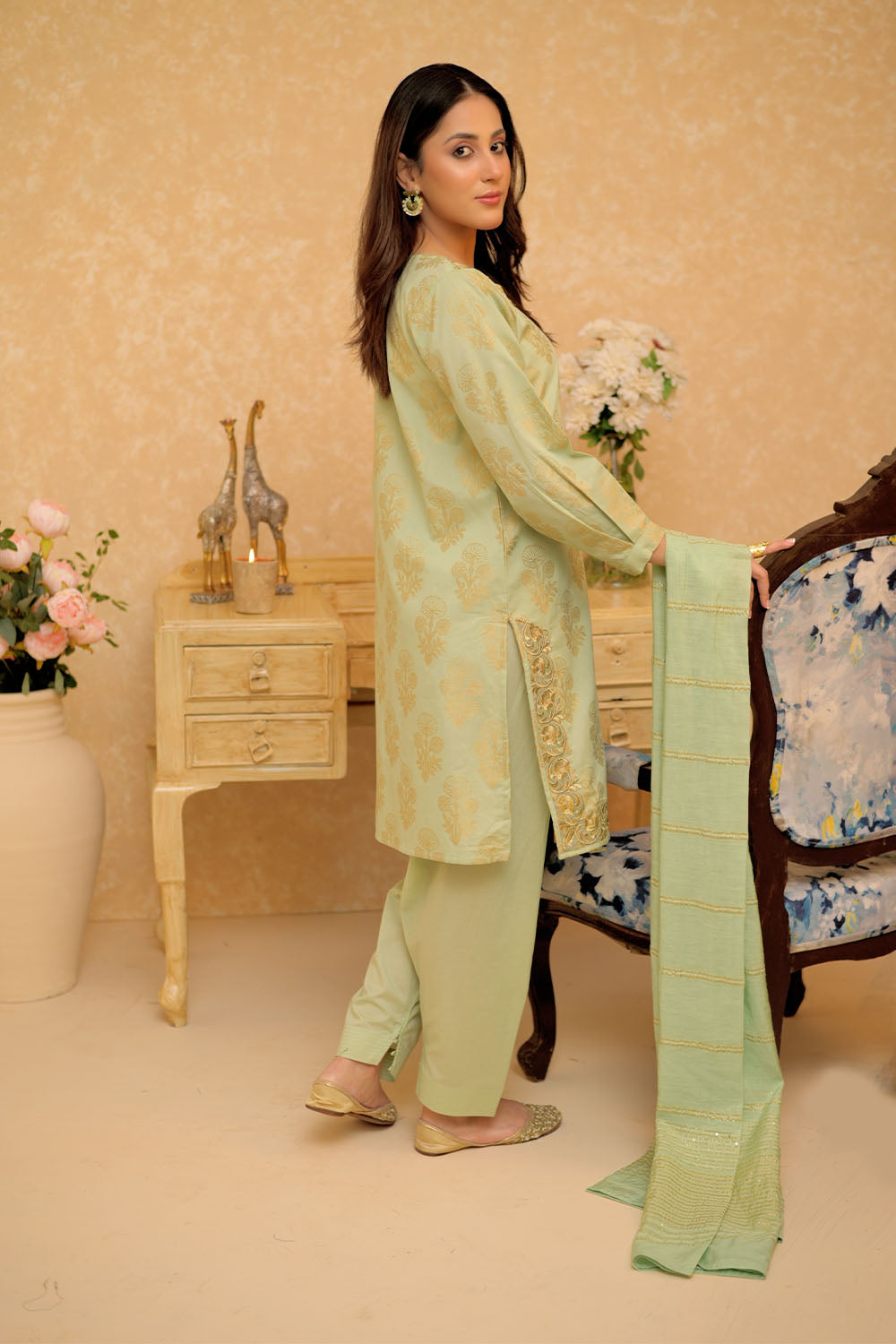 SN-02963 | Green & Gold | Casual Plus 3 Piece Suit | Cotton Jacquard