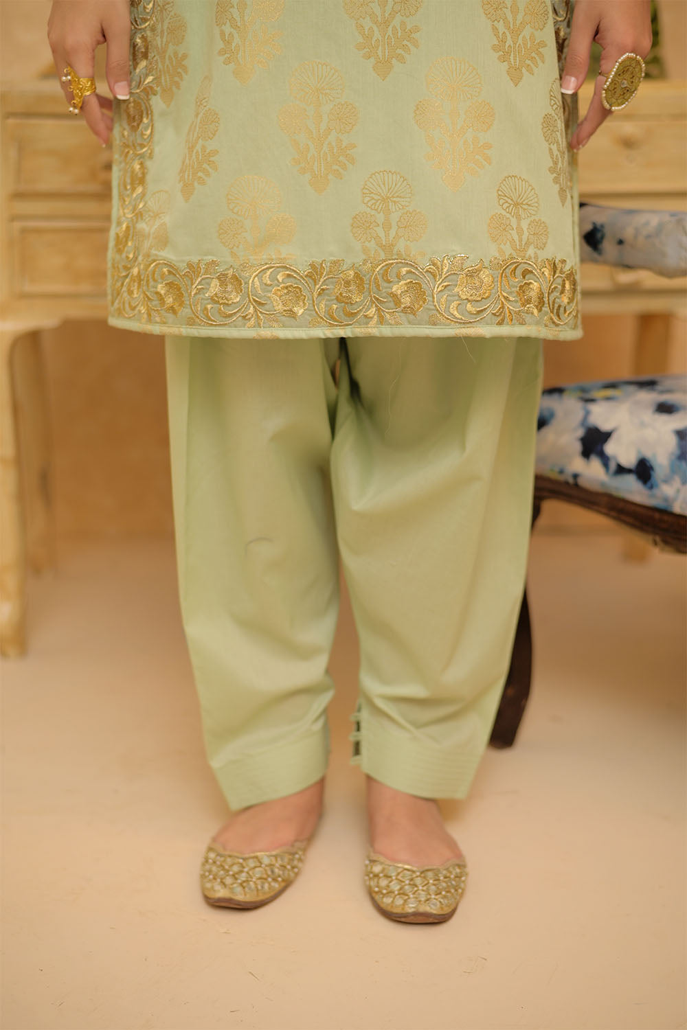 SN-02963 | Green & Gold | Casual Plus 3 Piece Suit | Cotton Jacquard