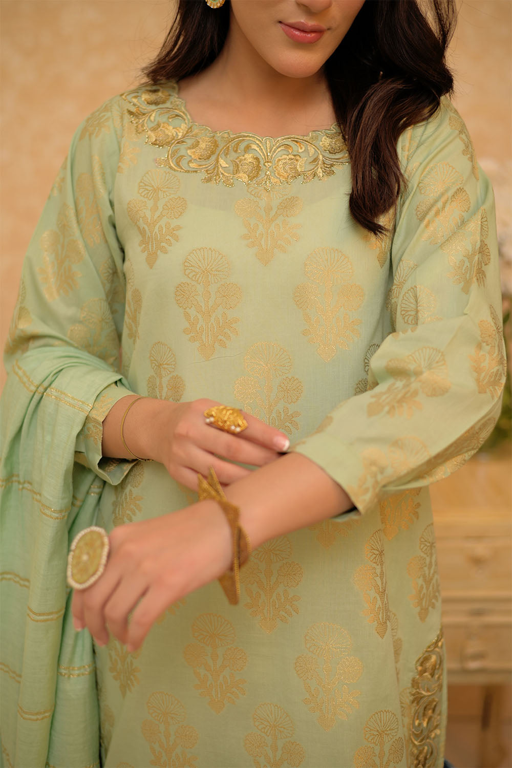 SN-02963 | Green & Gold | Casual Plus 3 Piece Suit | Cotton Jacquard