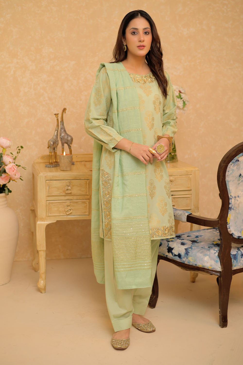 SN-02963 | Green & Gold | Casual Plus 3 Piece Suit | Cotton Jacquard