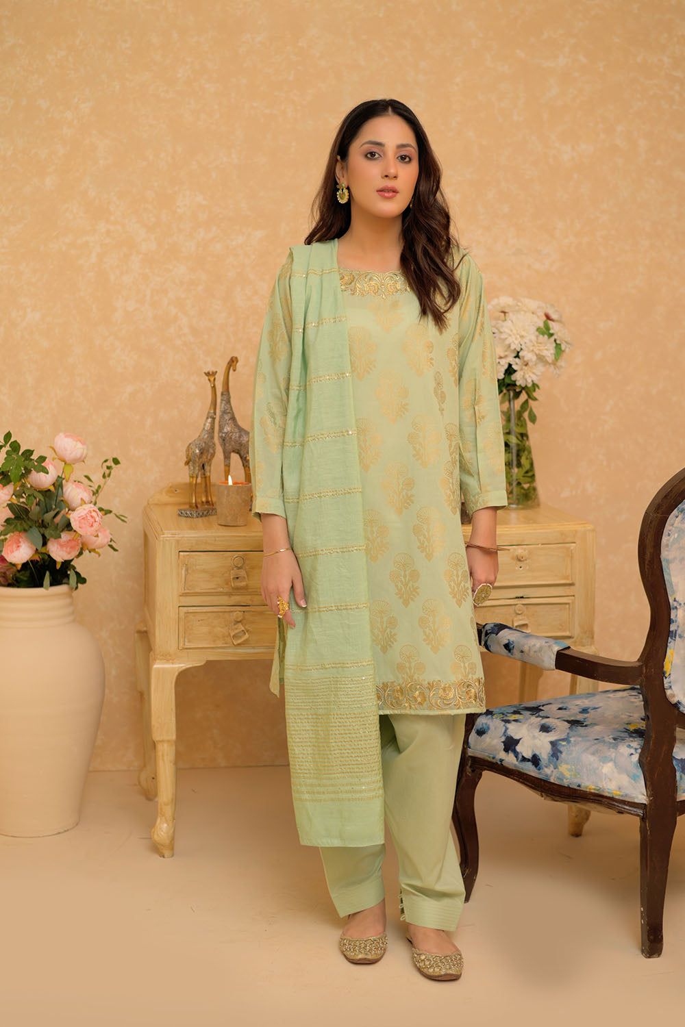 SN-02963 | Green & Gold | Casual Plus 3 Piece Suit | Cotton Jacquard