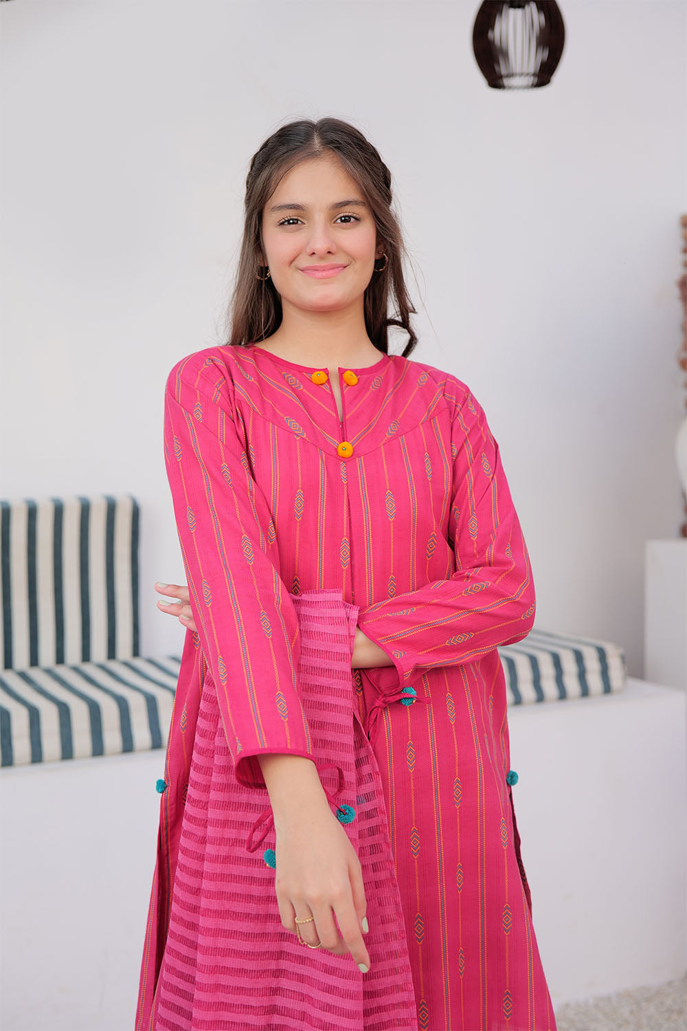SN-02989 | Shocking Pink & Multicolor | Casual 3 Piece Suit | Cotton Yarn dyed Jacquard