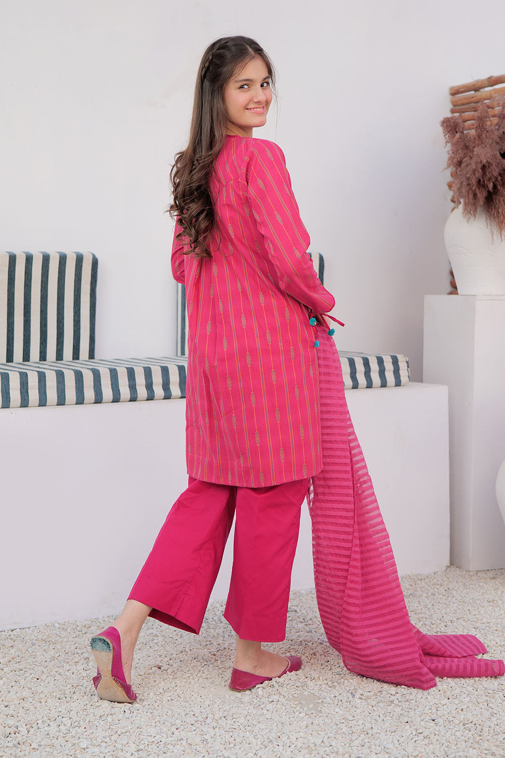 SN-02989 | Shocking Pink & Multicolor | Casual 3 Piece Suit | Cotton Yarn dyed Jacquard