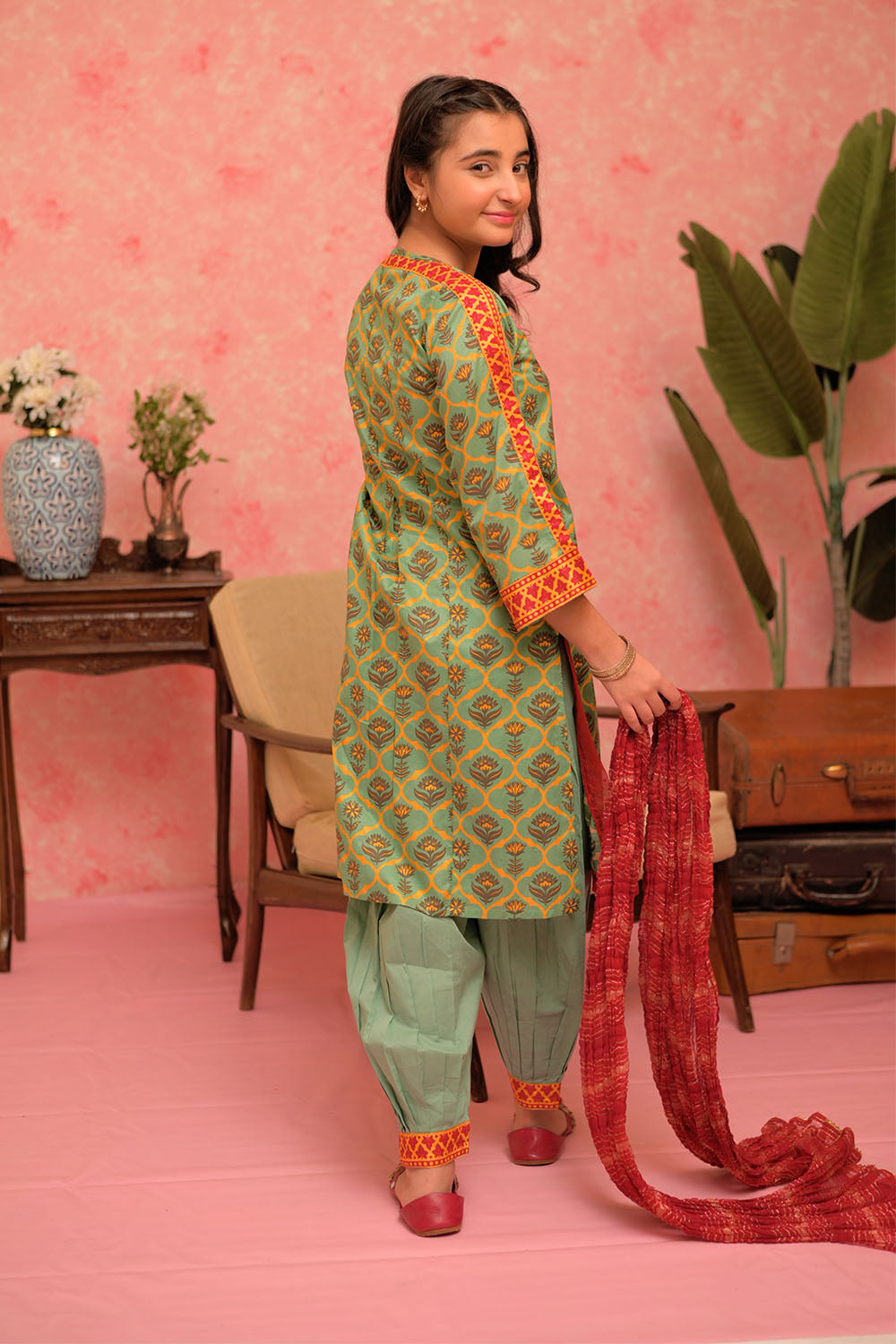 SN-02886 | Green & Multicolor | Casual Plus 3 Piece Suit | Cotton Lawn Gold Print