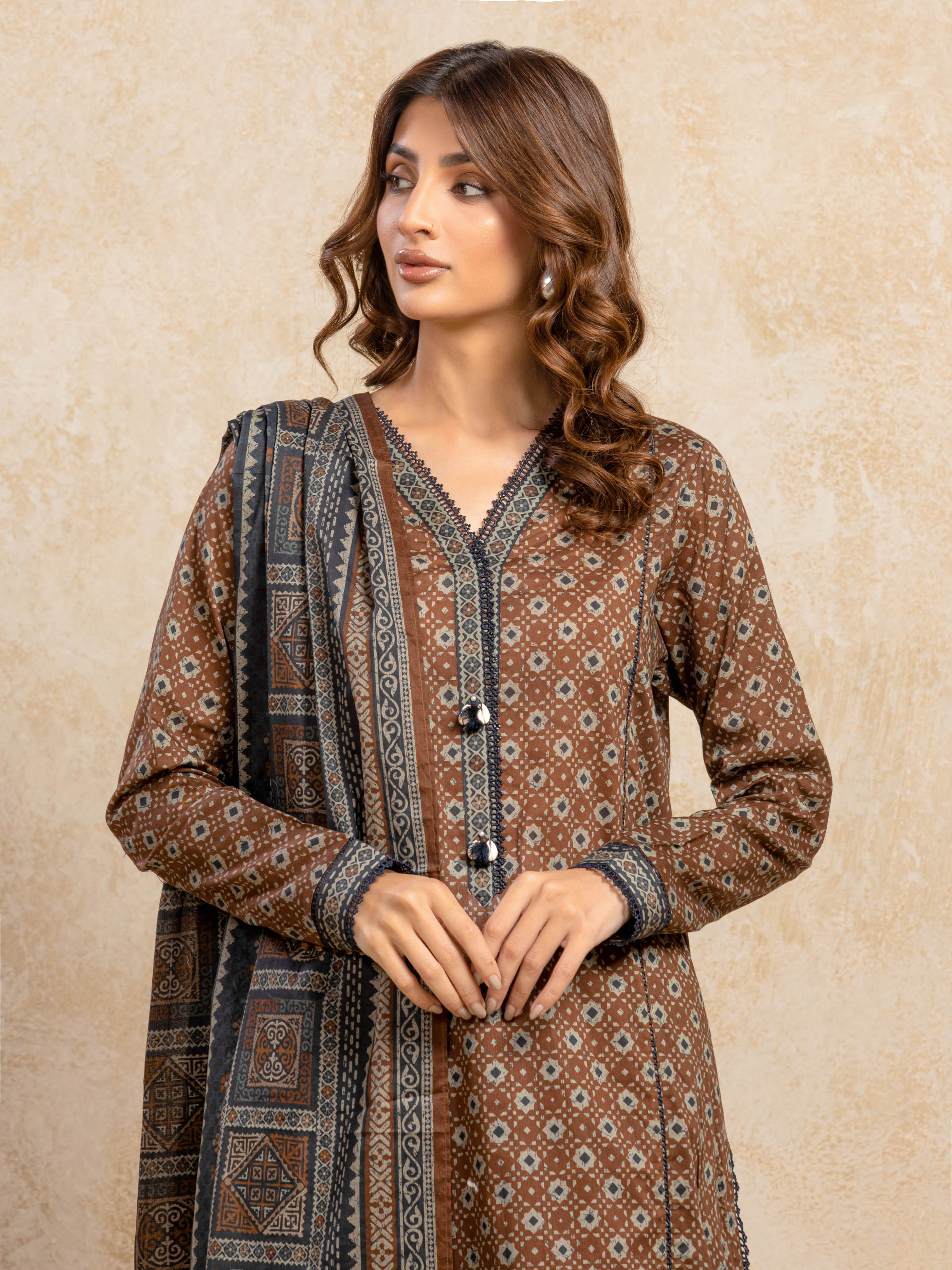 Edenrobe Unstitched Dark Brown Printed Khaddar 3 Piece
