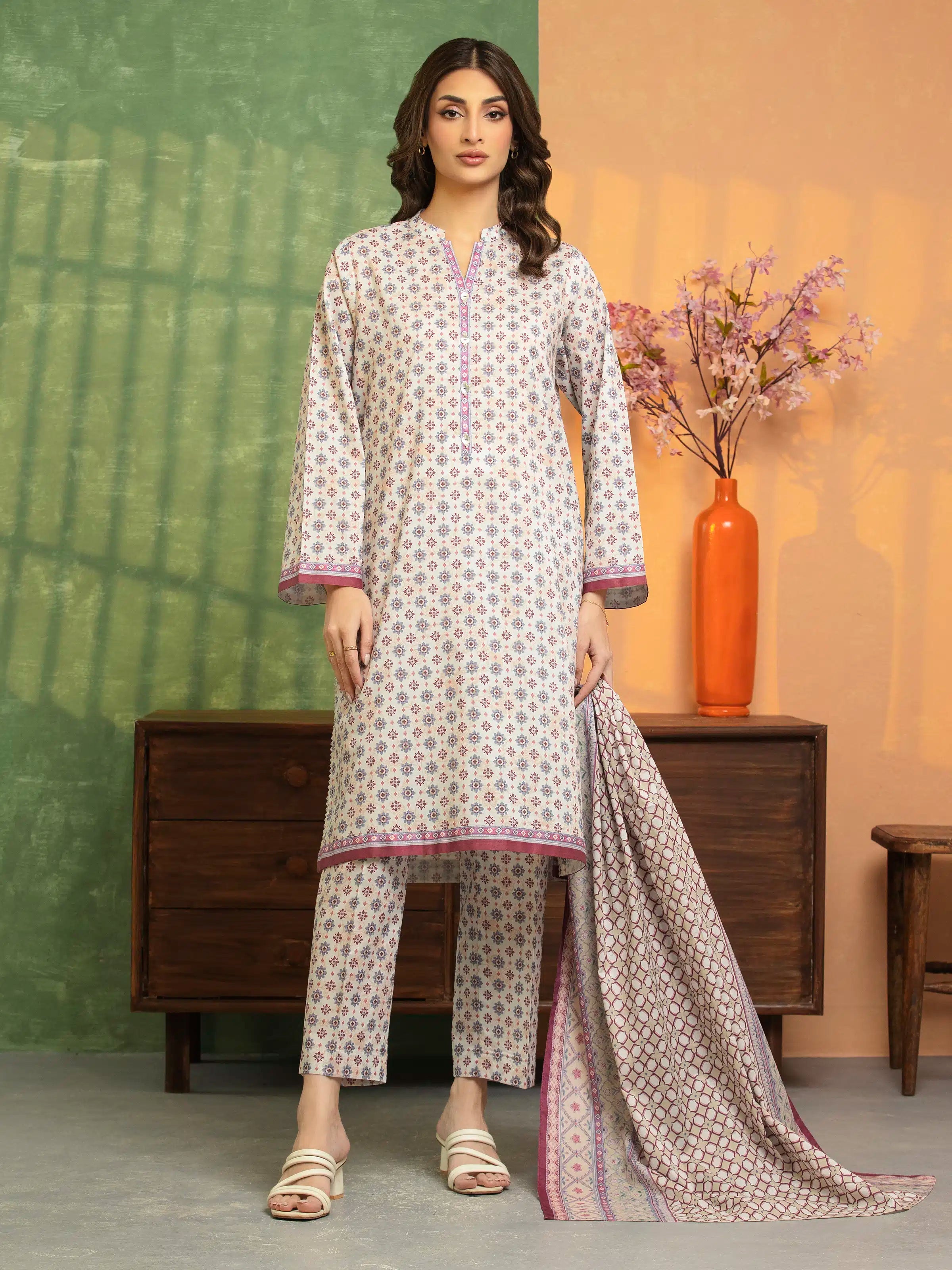 Edenrobe Unstitched White Multi Printed Lawn 3 Piece