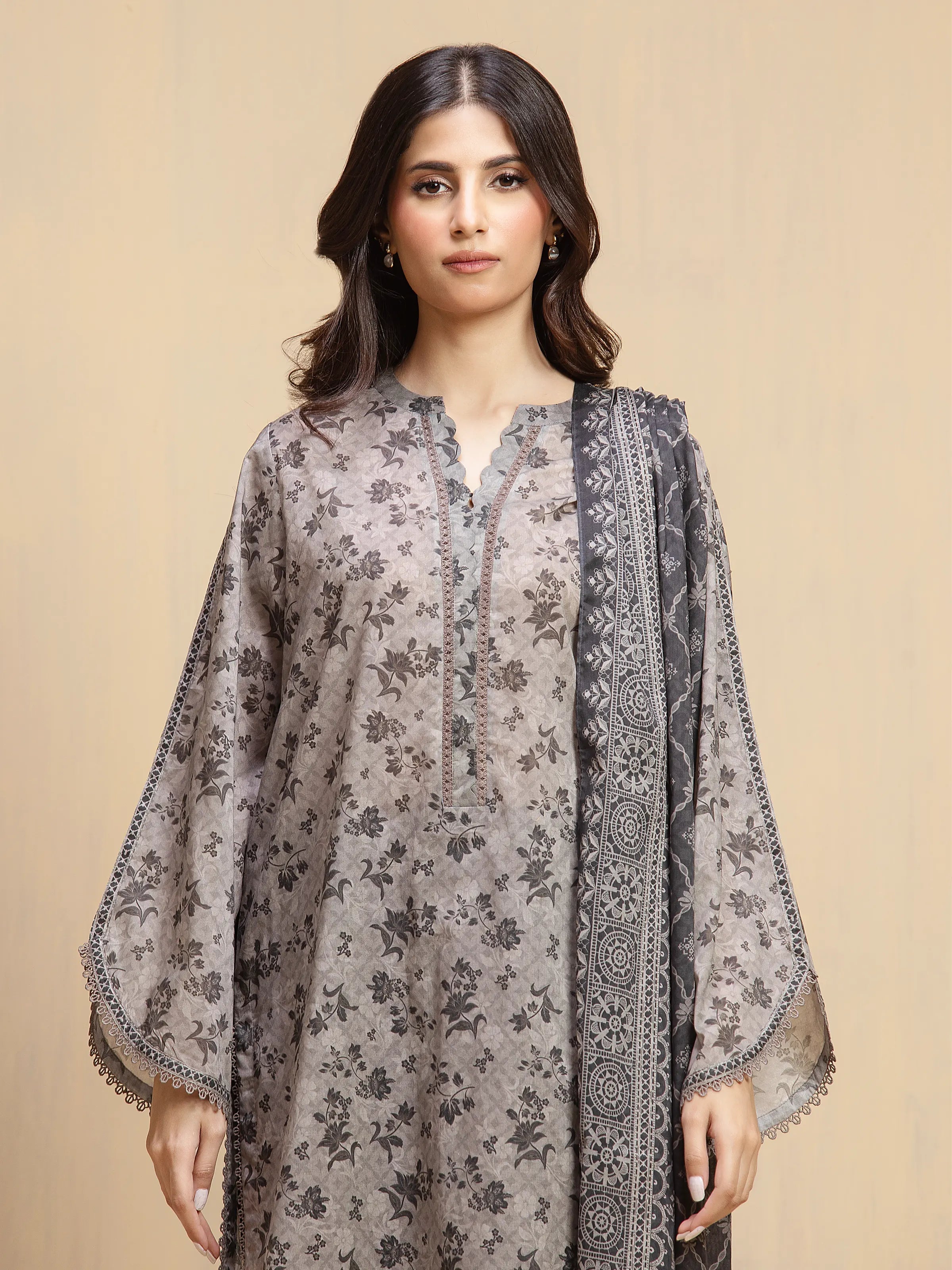 Edenrobe Unstitched Grey Printed Khaddar 3 Piece