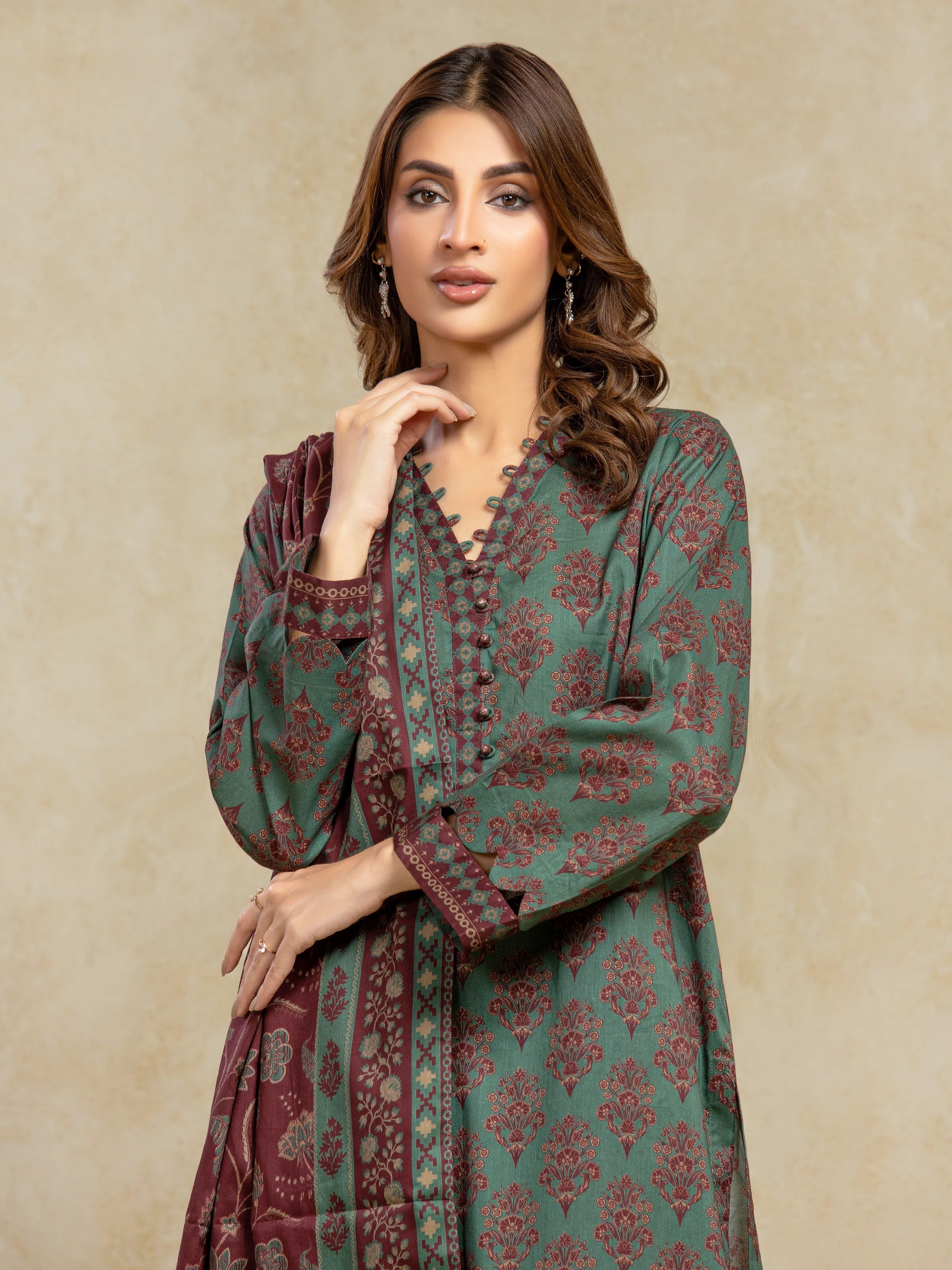 Edenrobe Unstitched Dark Green Printed Khaddar 3 Piece