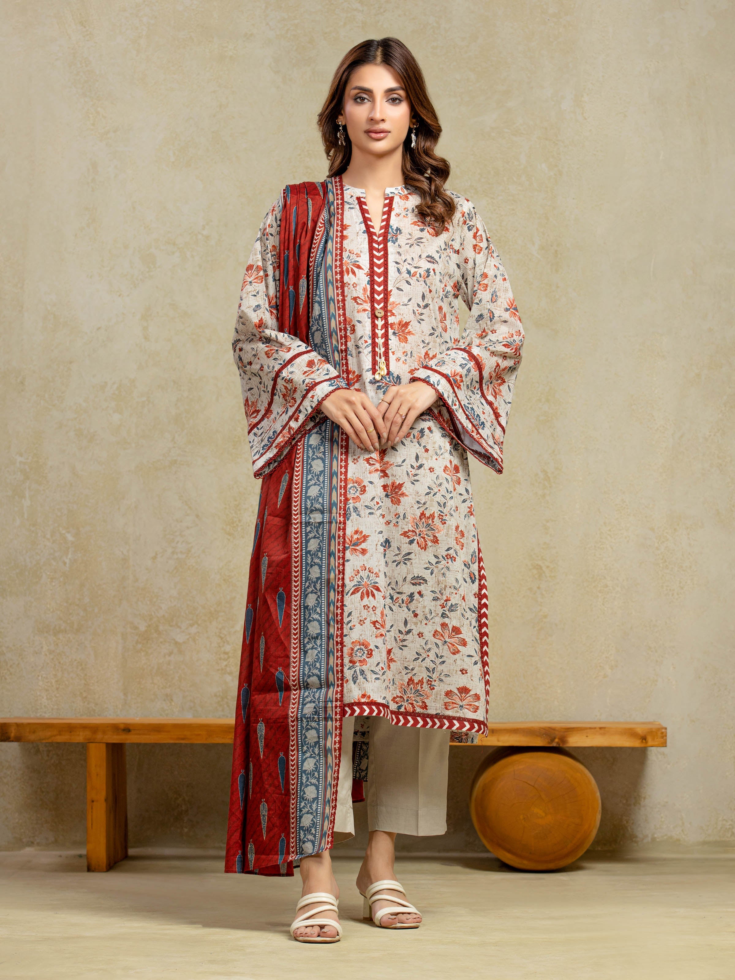 Edenrobe Unstitched Light Beige Printed Khaddar 3 Piece