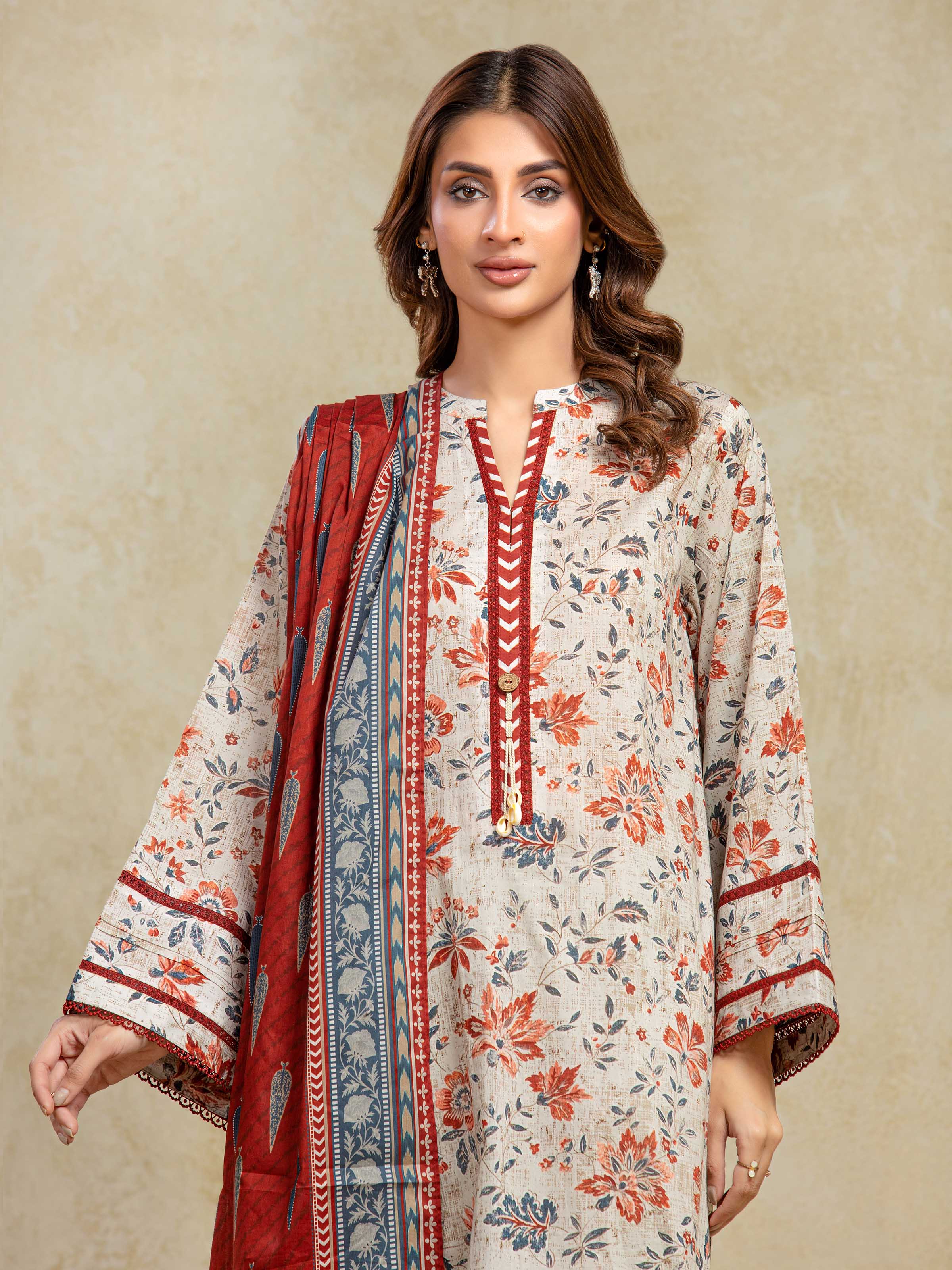 Edenrobe Unstitched Light Beige Printed Khaddar 3 Piece