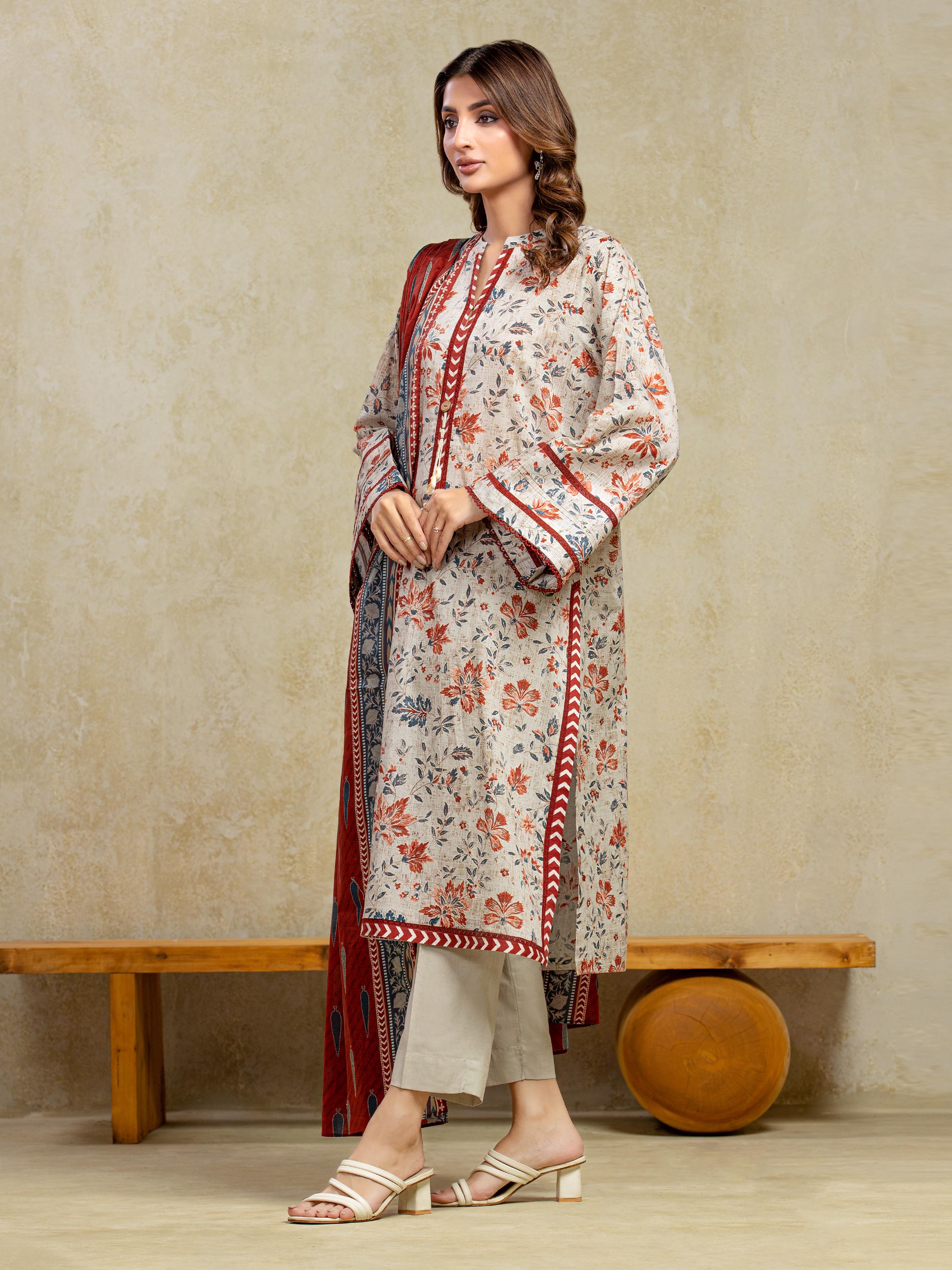 Edenrobe Unstitched Light Beige Printed Khaddar 3 Piece