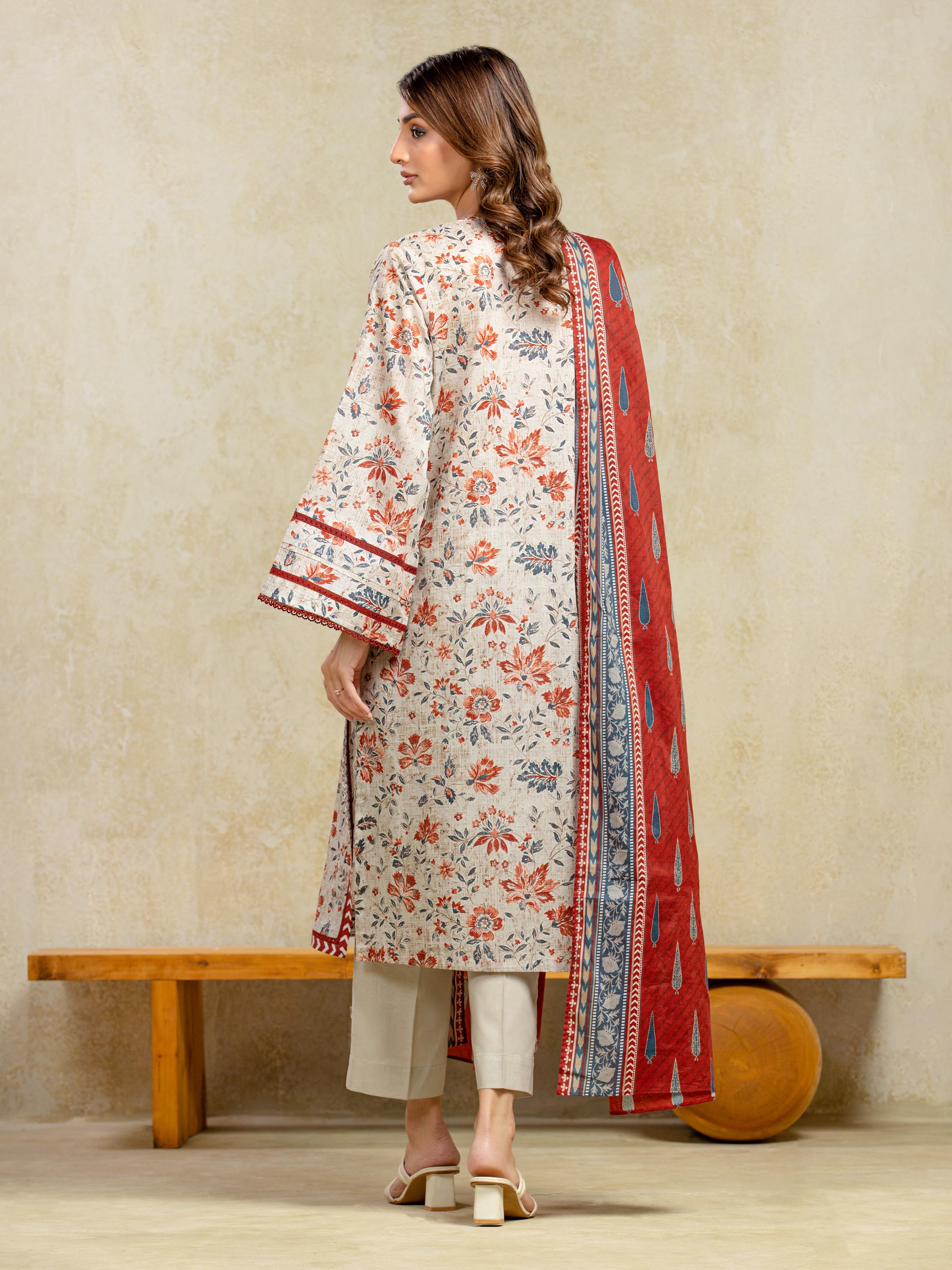 Edenrobe Unstitched Light Beige Printed Khaddar 3 Piece