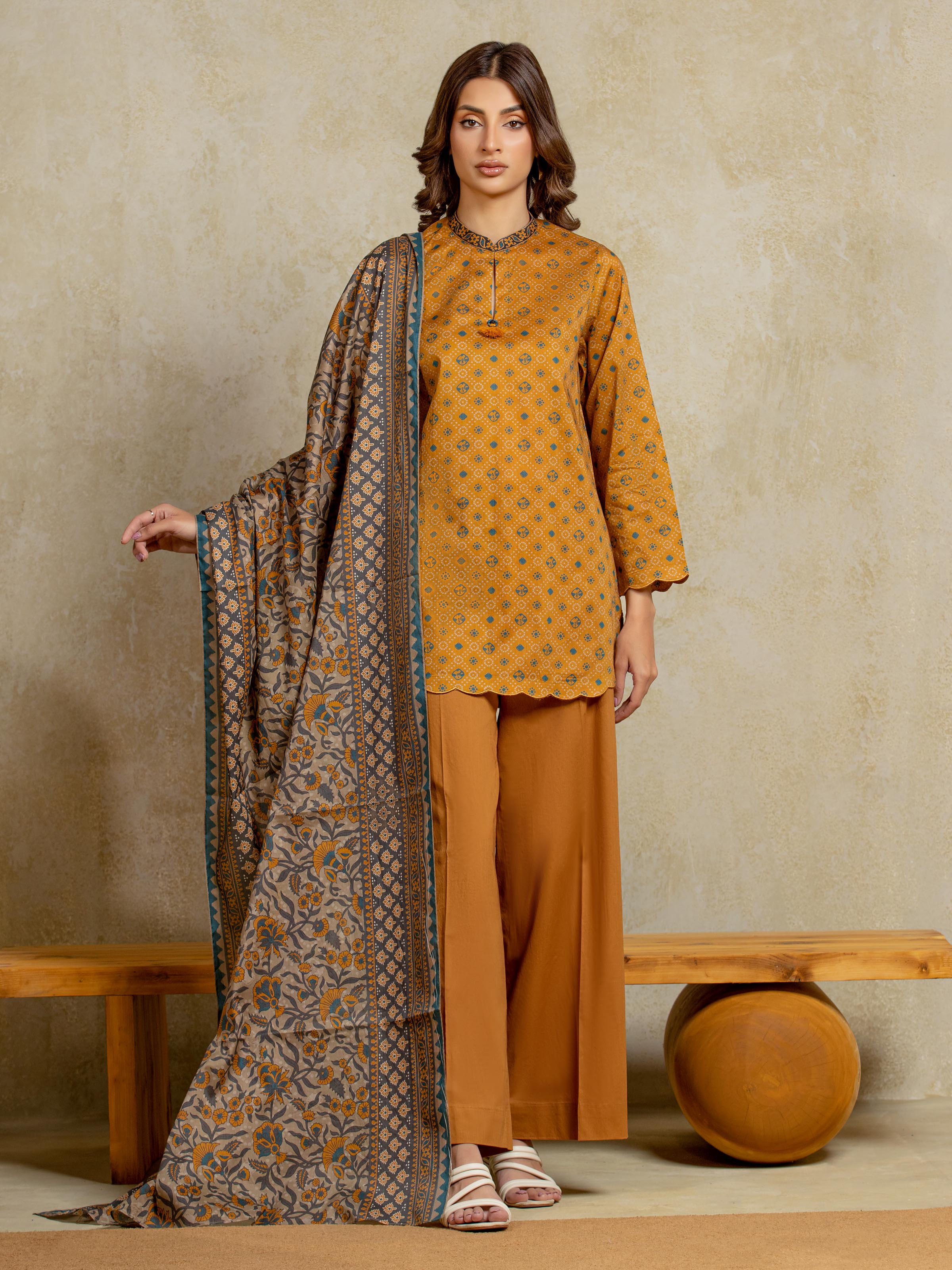 Edenrobe Unstitched Mustard Printed Khaddar 3 Piece