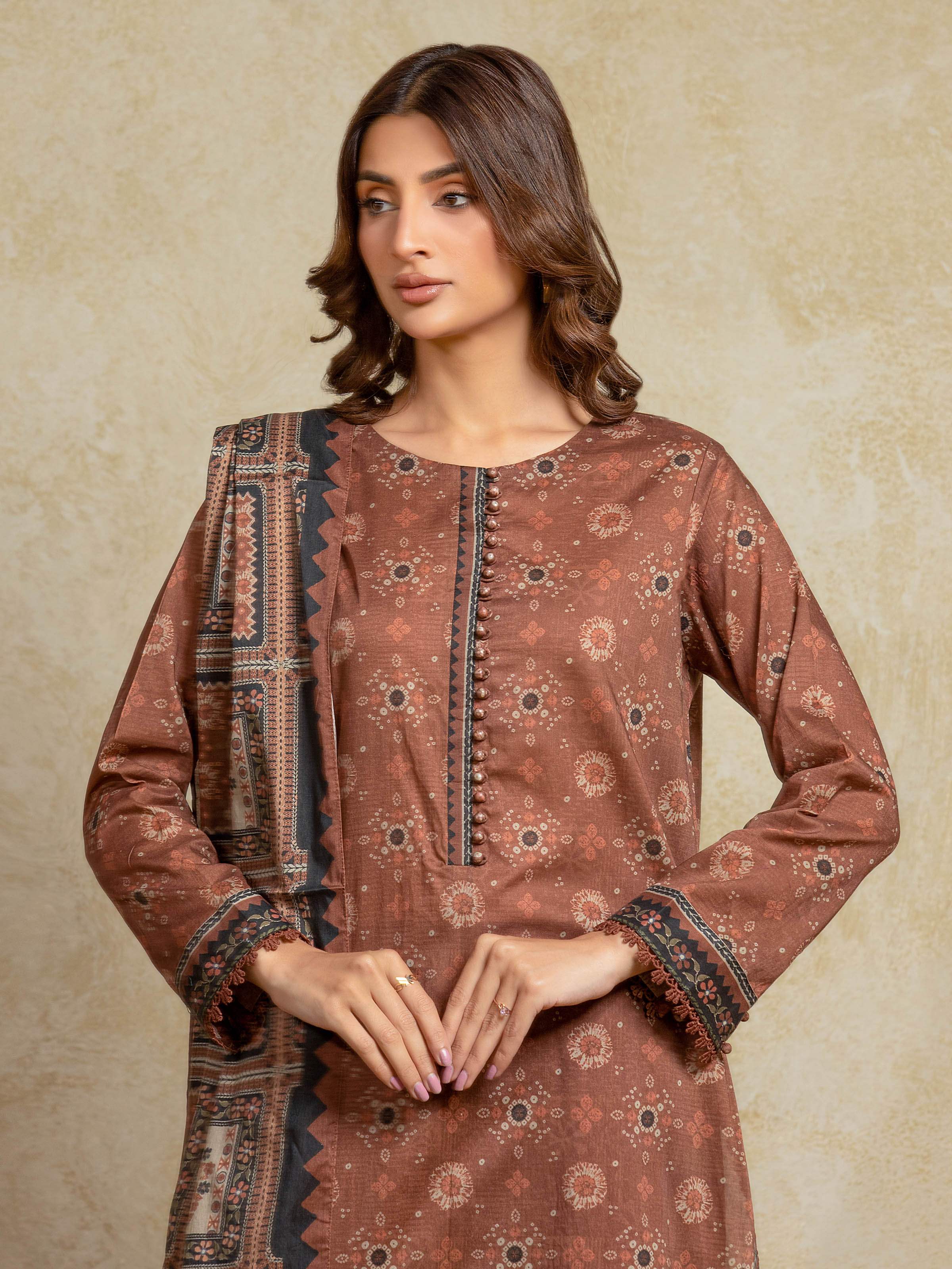 Edenrobe Unstitched Light Brown Printed Khaddar 3 Piece