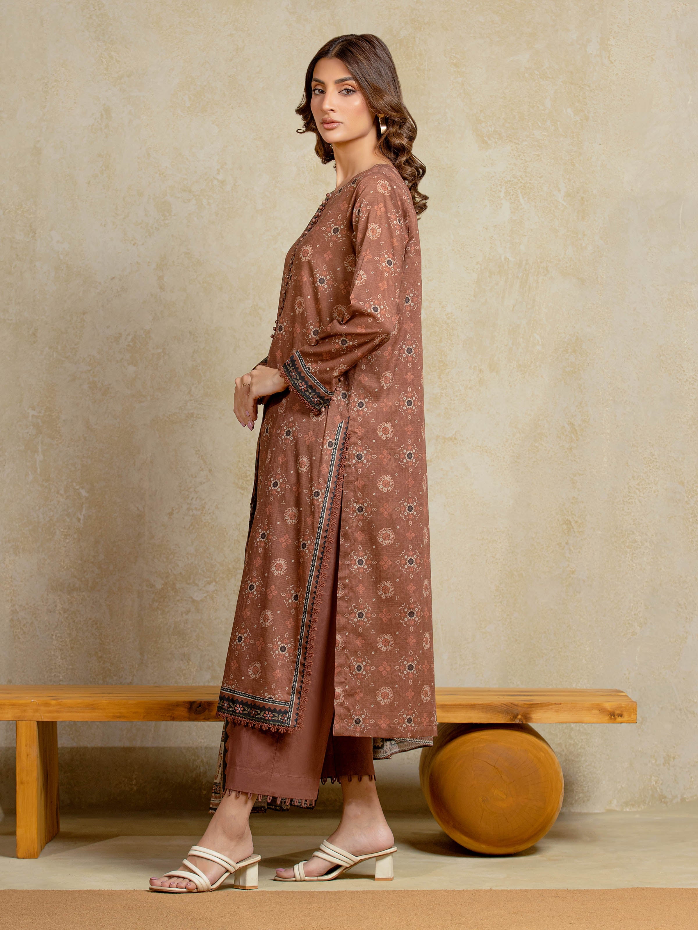 Edenrobe Unstitched Light Brown Printed Khaddar 3 Piece