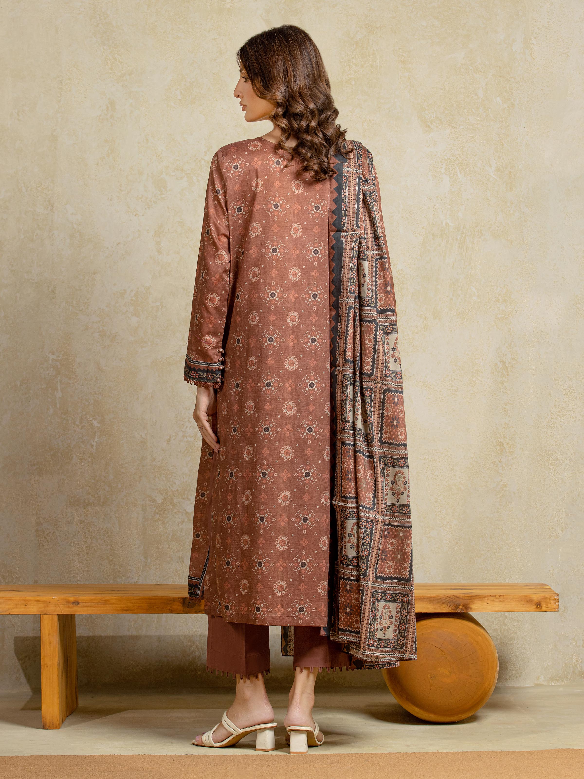 Edenrobe Unstitched Light Brown Printed Khaddar 3 Piece