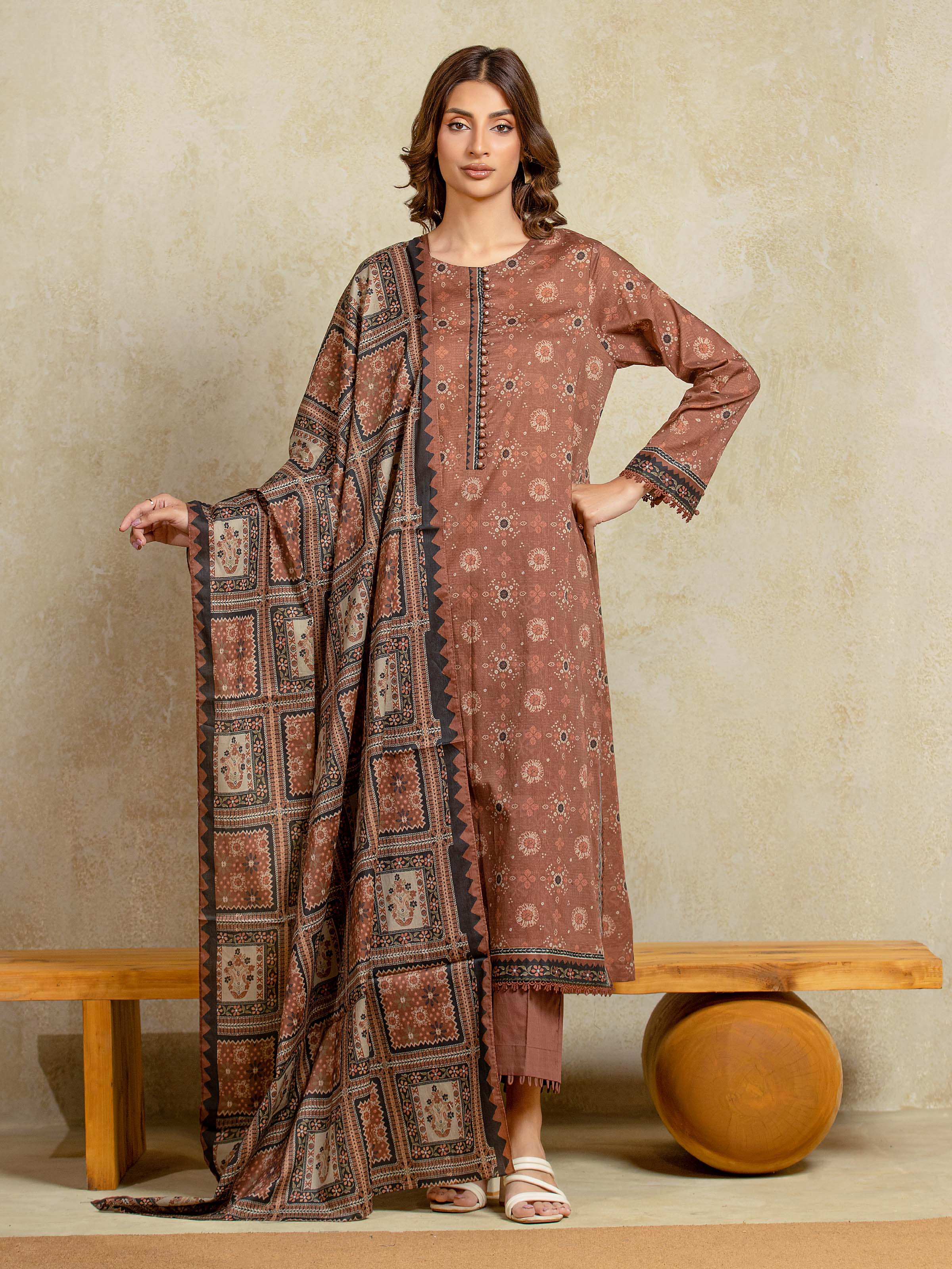 Edenrobe Unstitched Light Brown Printed Khaddar 3 Piece