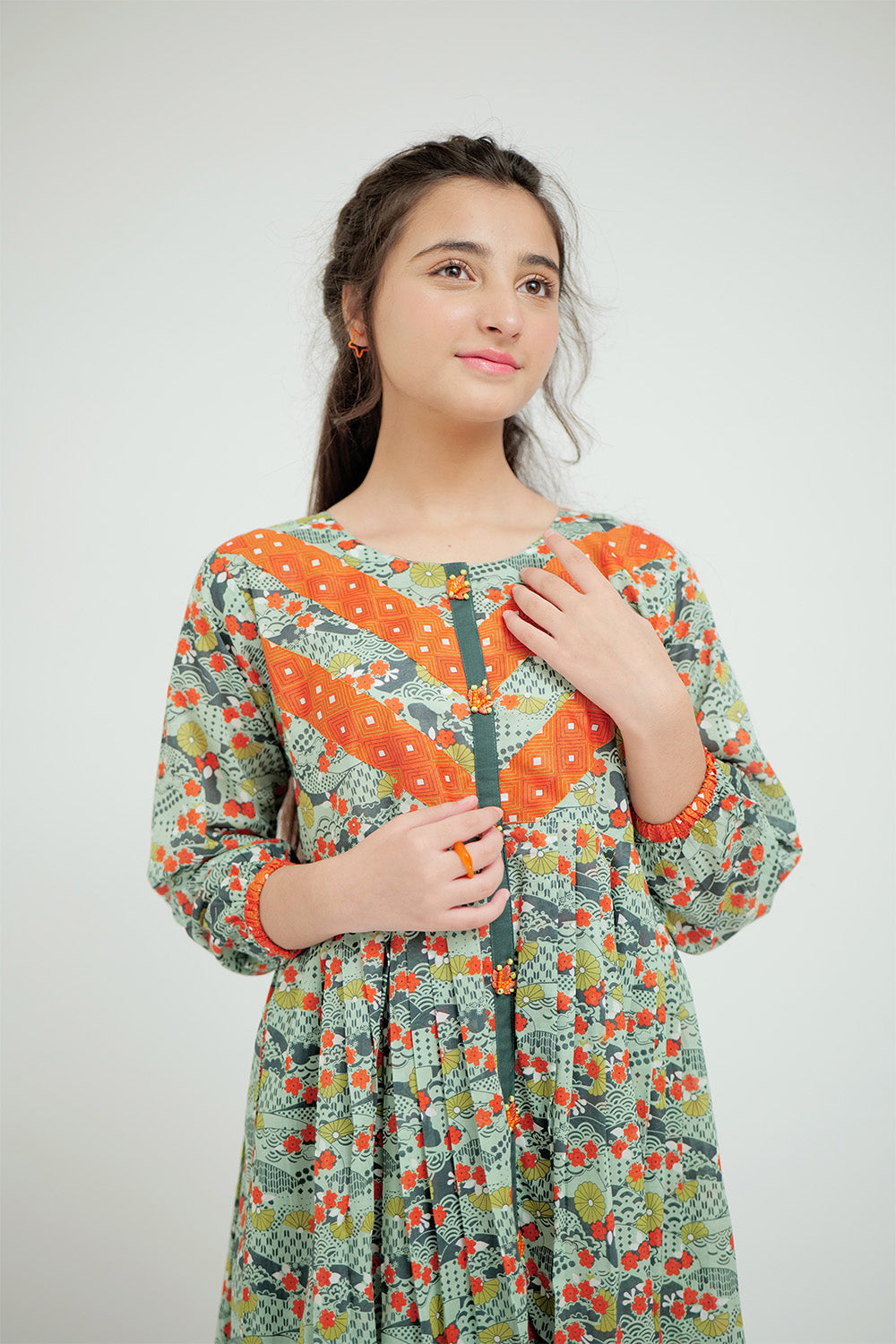 SN-02625 | Green & Multicolor | Casual Kurta | Cotton Lawn Printed