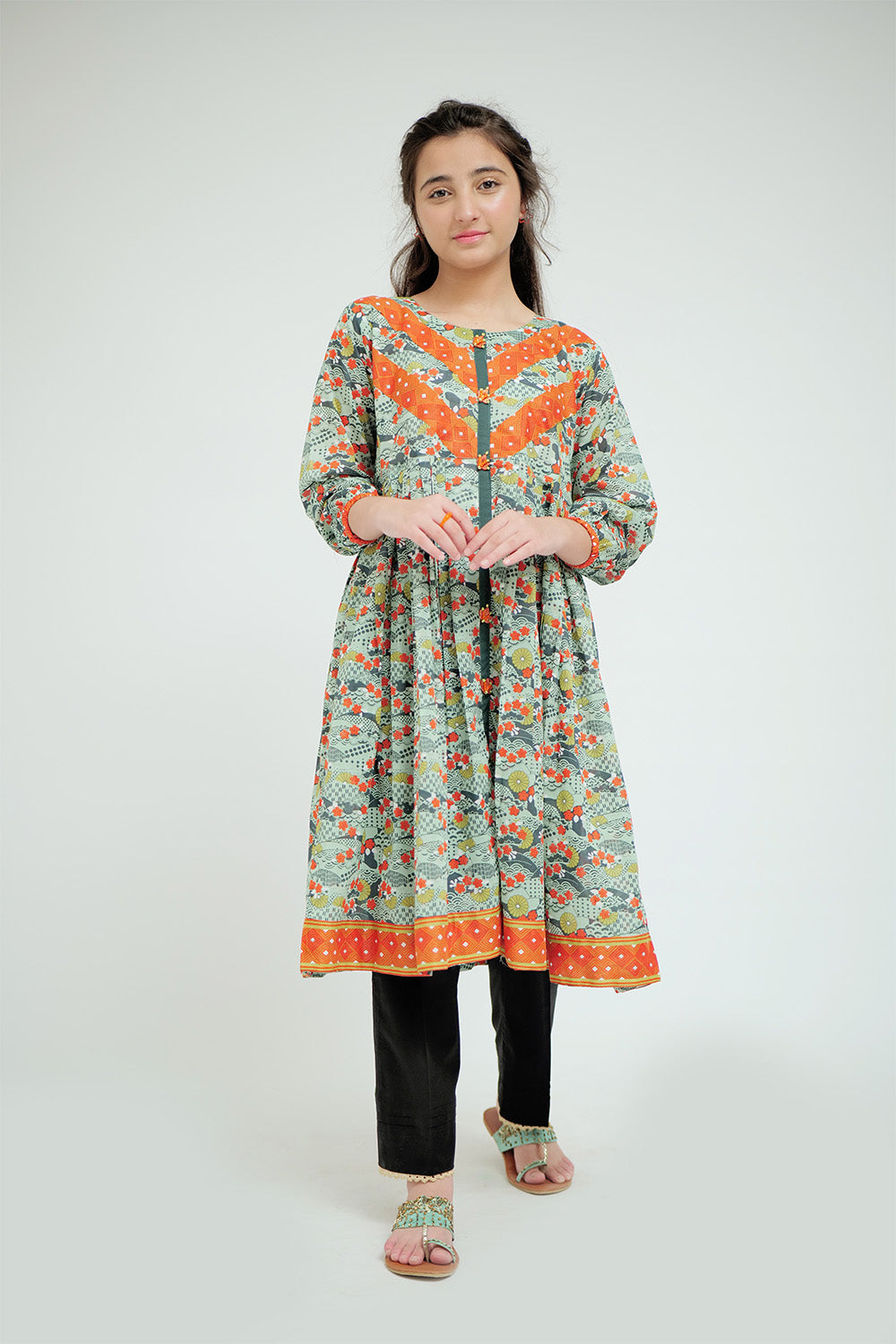 SN-02625 | Green & Multicolor | Casual Kurta | Cotton Lawn Printed