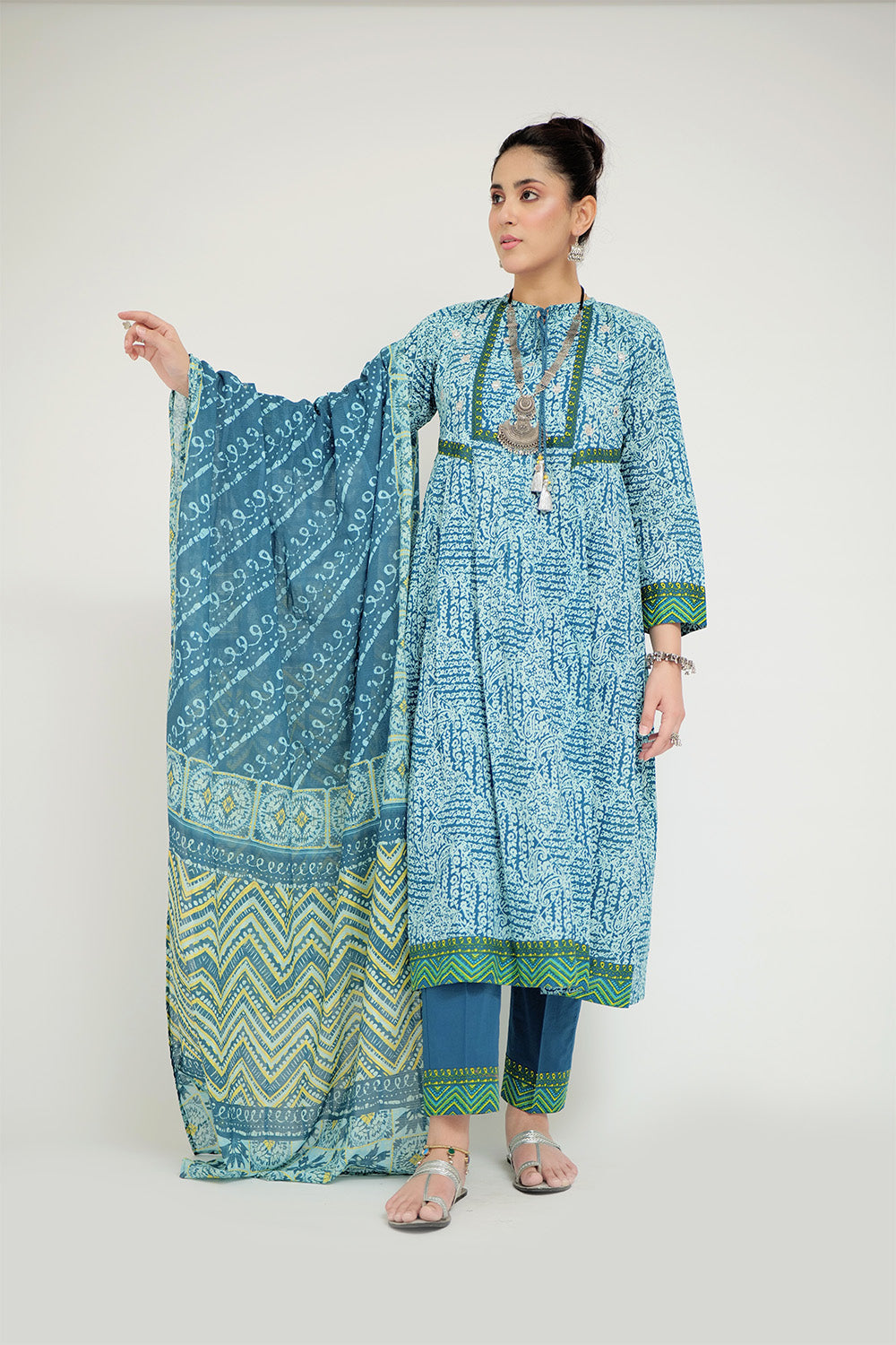 SN-02687 | Turquoise Blue & Multicolor | Casual 3 Piece Suit | Cotton Lawn Printed