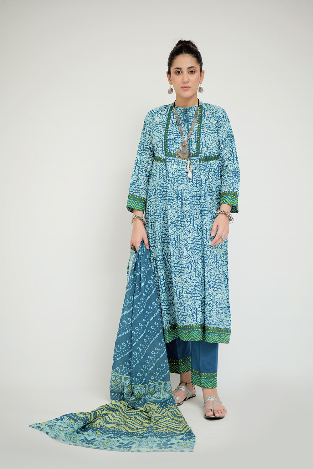 SN-02687 | Turquoise Blue & Multicolor | Casual 3 Piece Suit | Cotton Lawn Printed