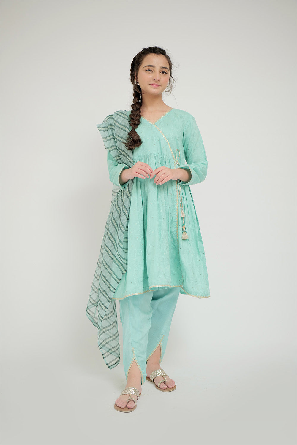 SN-02666 | Sea Green & Gold | Casual Plus 3 Piece Suit | Viscose Jacquard Flament