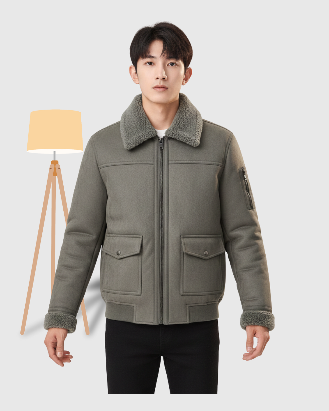 Men's Aviator Style Shearling-Lined Bomber Jacket - Sage Green