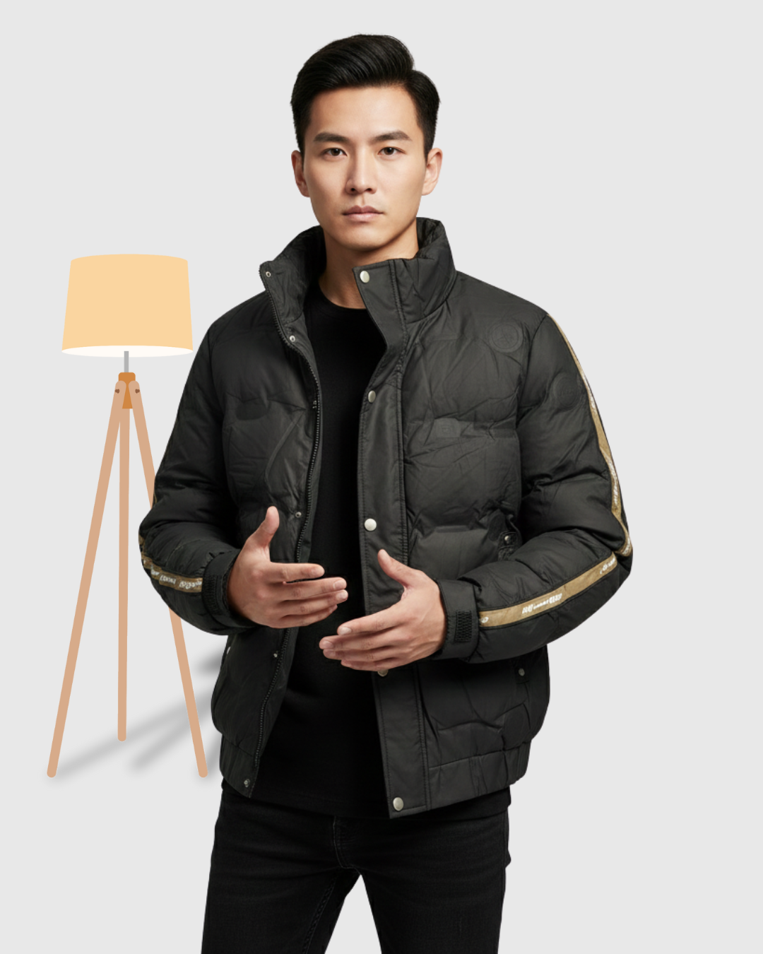 Men's Quilted Puffer Jacket with Contrast Gold Arm Stripe - Black
