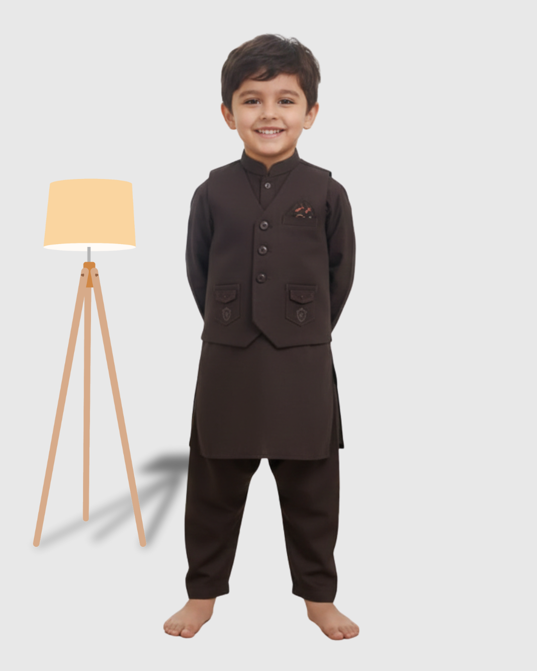 Light Brown Kurta Trouser with Blended Waistcoat - Kids