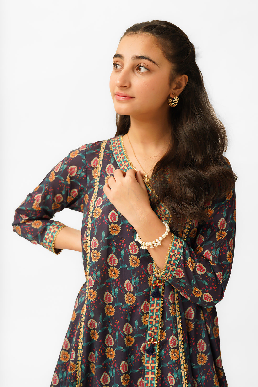 MC-Lawn printed Angrakha style frock with the pear of shalwer
