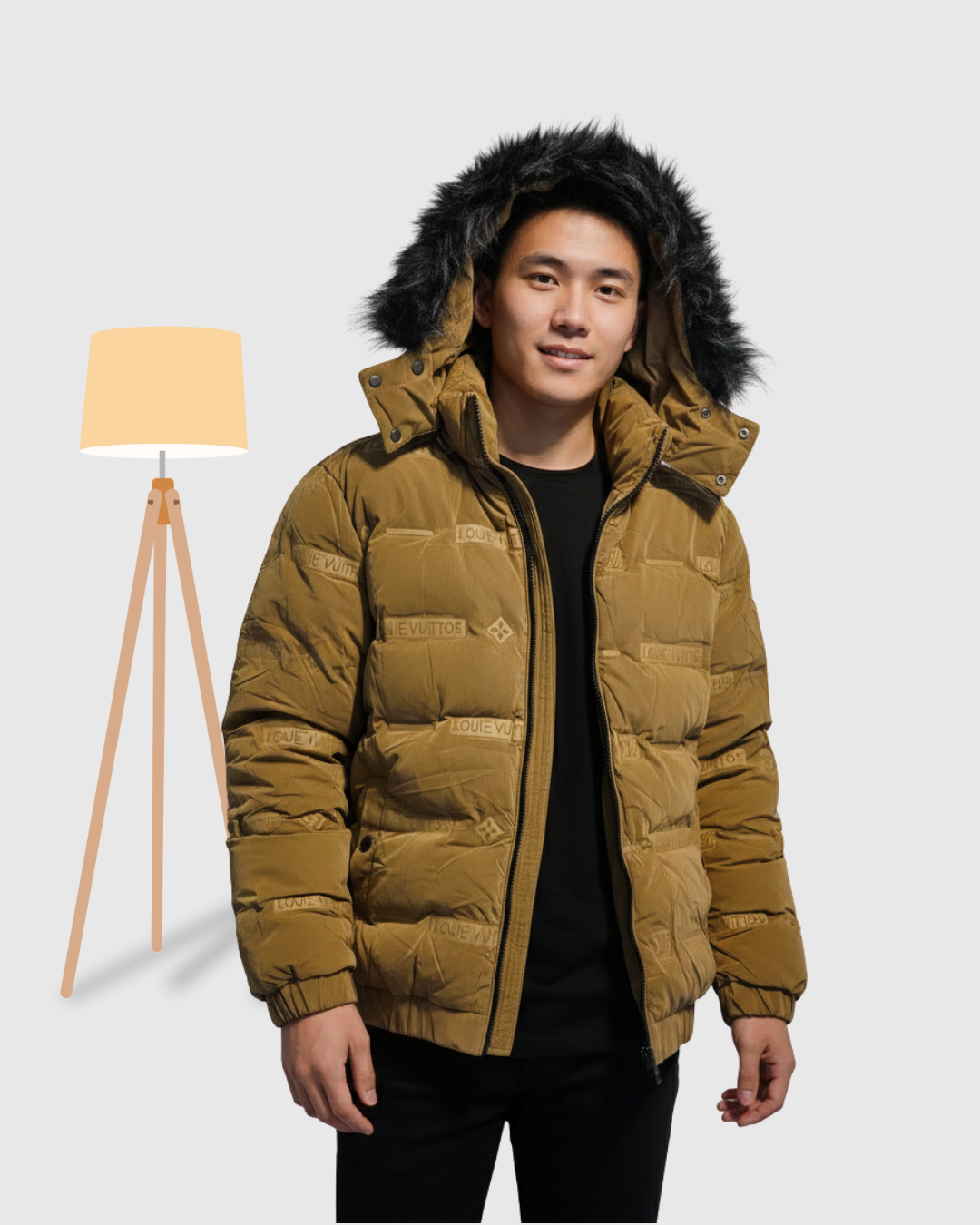 Men's Corduroy Puffer Jacket with Faux Fur Hood - Camel/Brown