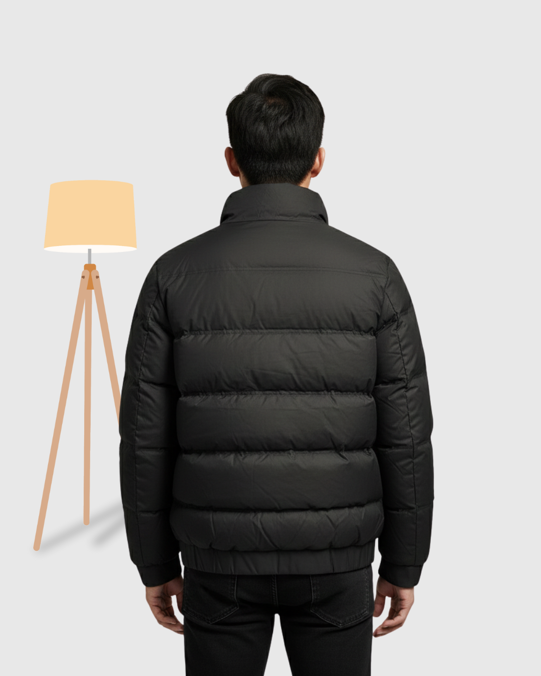 Men's Quilted Puffer Jacket with Contrast Gold Arm Stripe - Black
