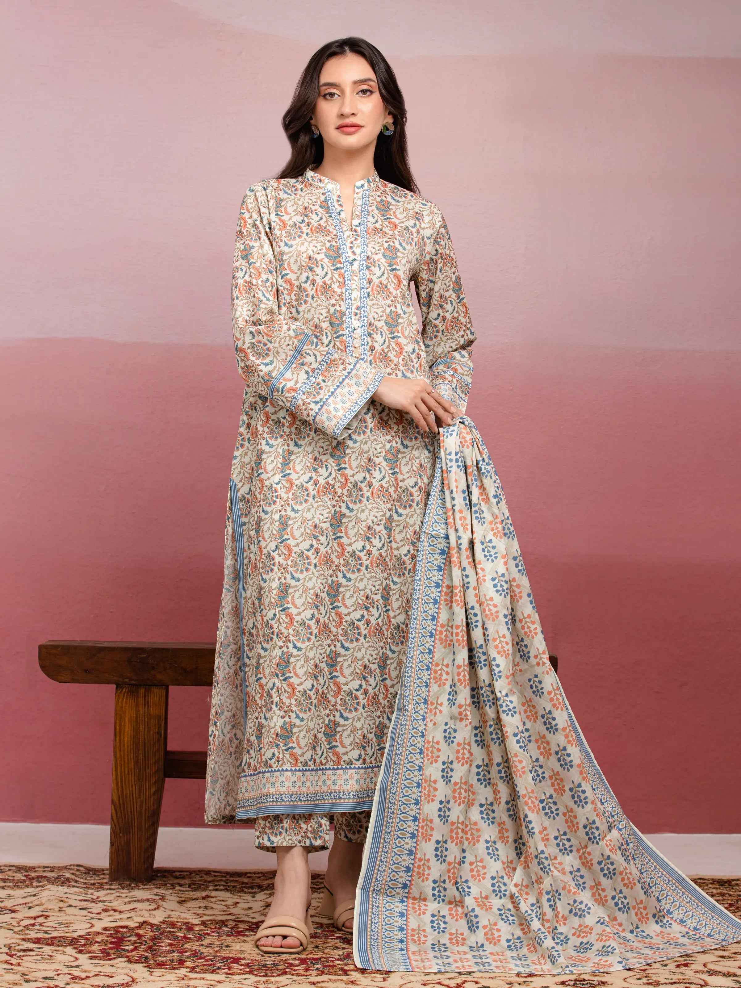 ED Unstitched Cream Multi Printed Lawn 3 Piece