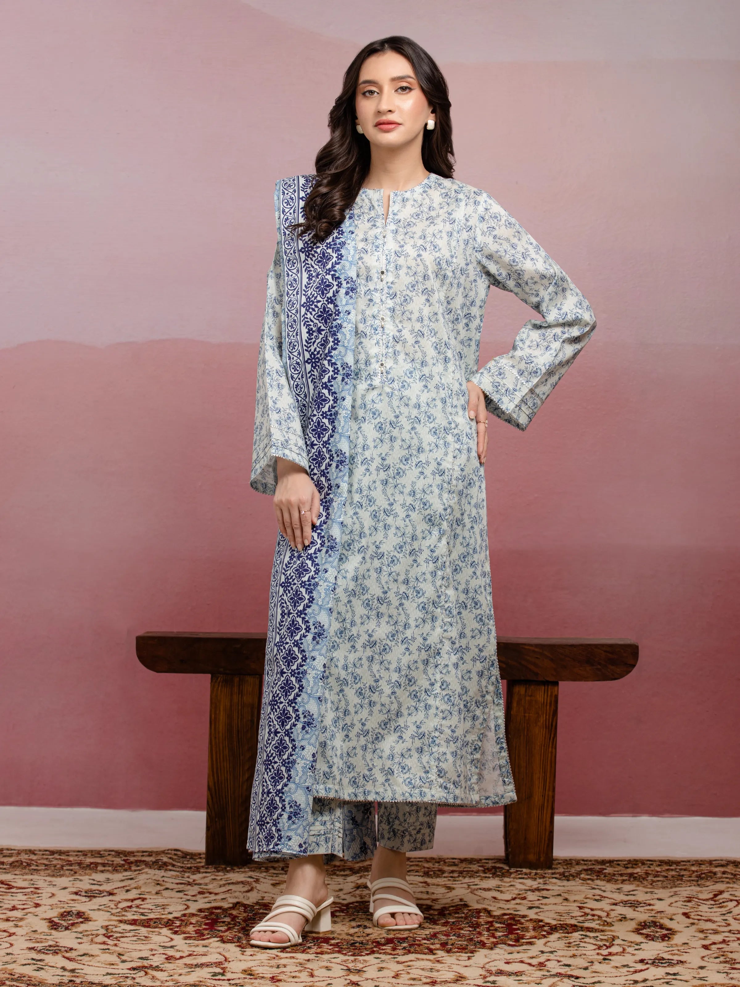 ED Unstitched Grey & Blue Printed Lawn 3 Piece
