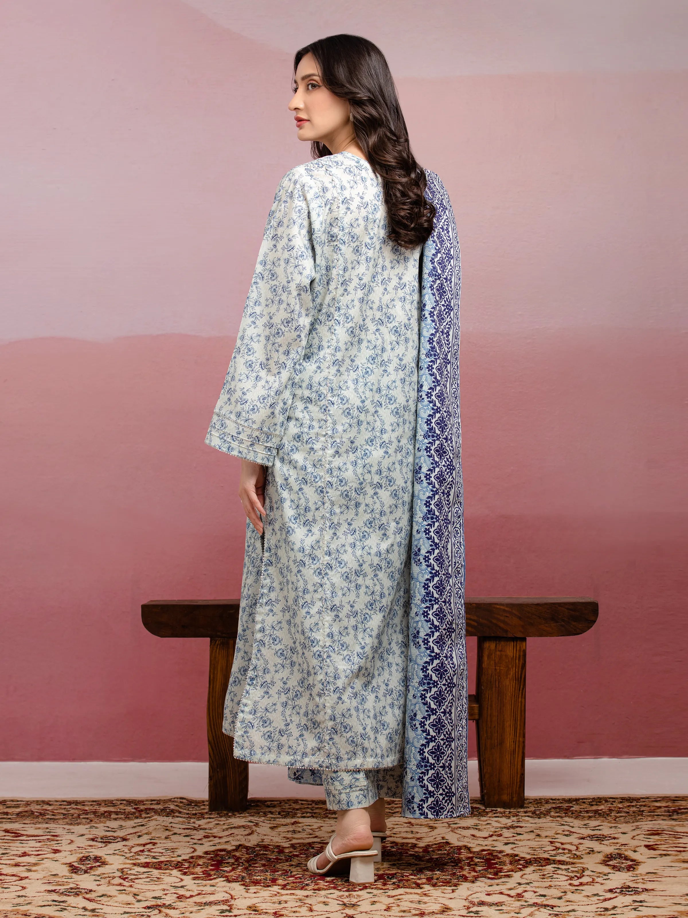 ED Unstitched Grey & Blue Printed Lawn 3 Piece