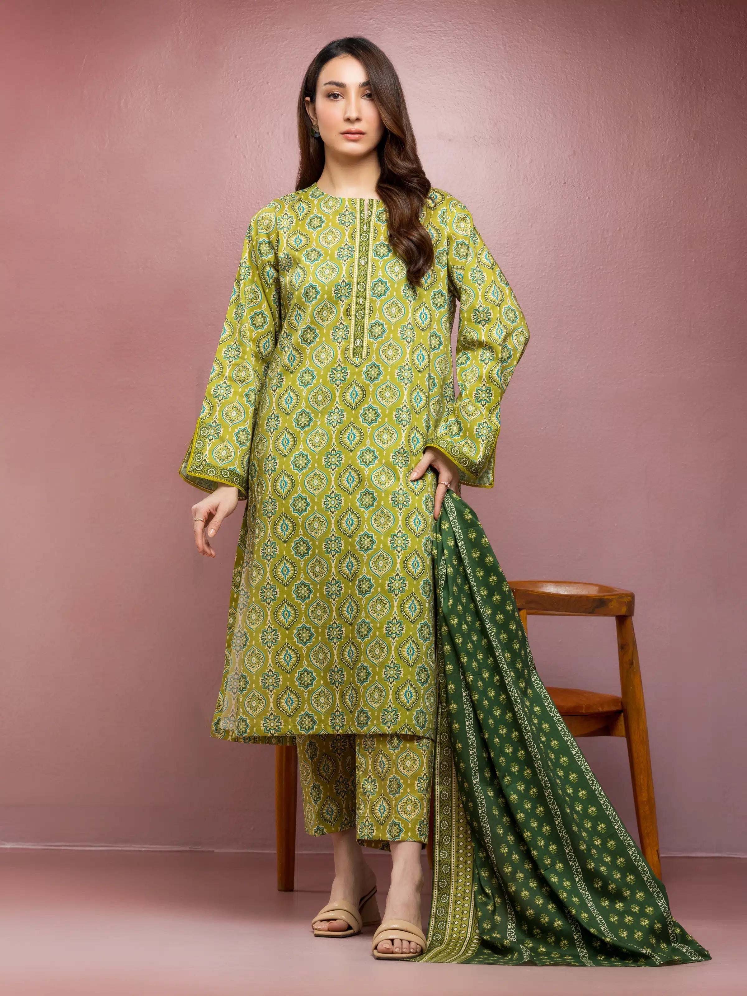 ED Unstitched Olive Printed Lawn 3 Piece