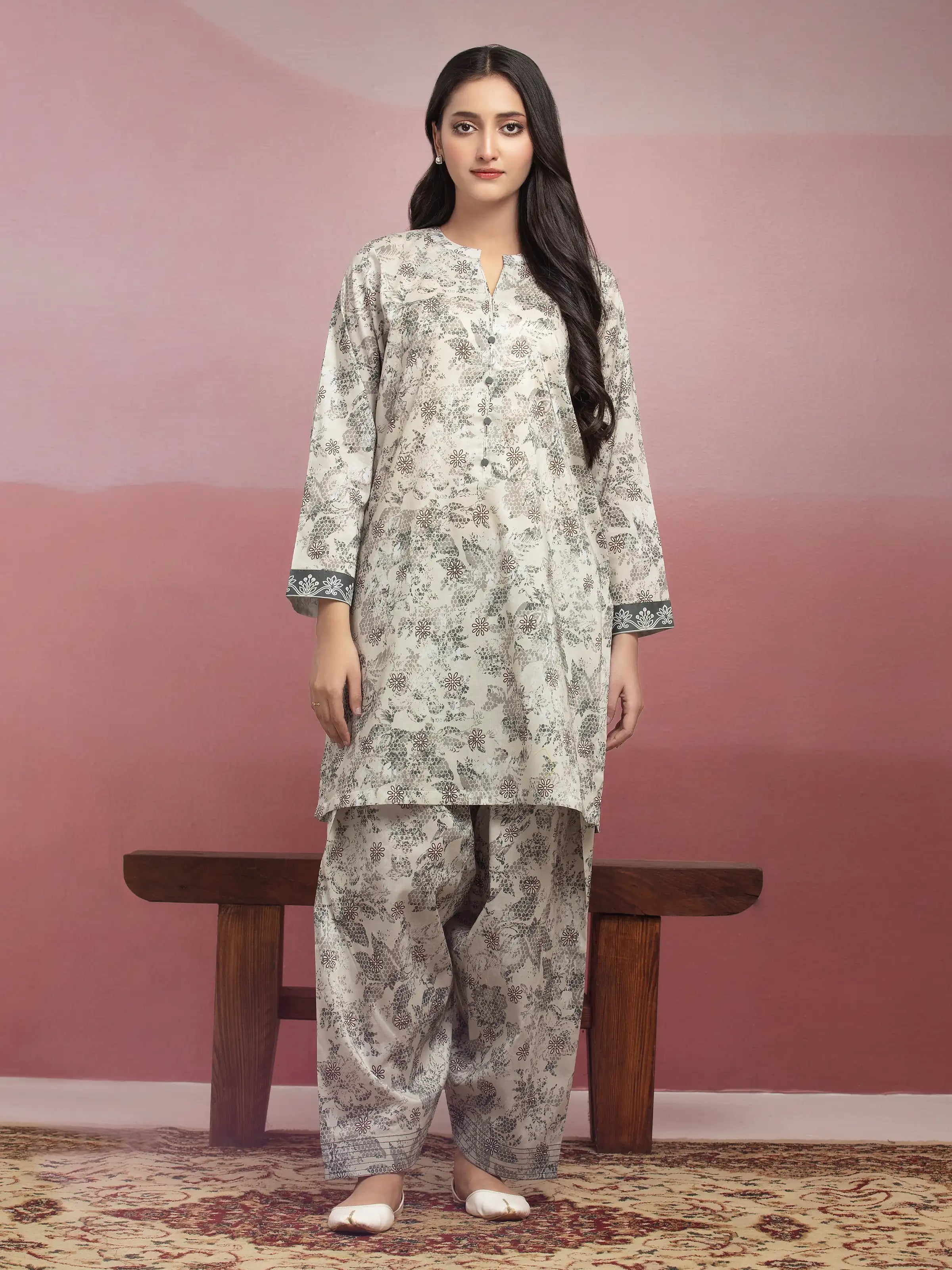 Edenrobe Unstitched Beige Printed Lawn 2 Piece